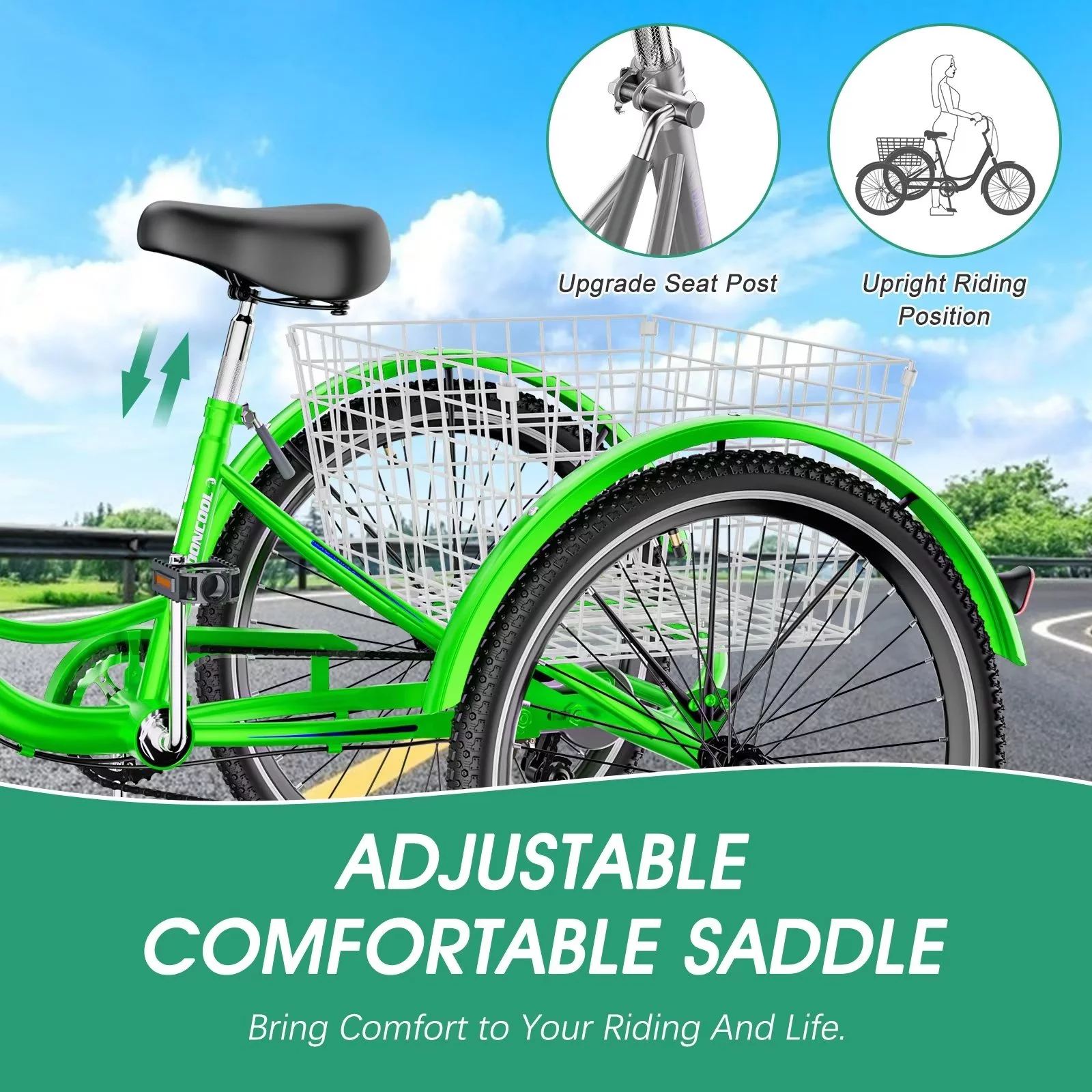 MOPHOTO Adult Tricycle for Seniors (Cyan, 26inch /7-Speed), Low Frame Three Wheel Bikes with Large Basket & Bell, 3 Wheel Cargo Bicycle, Safe and Durable Trike - Womvr