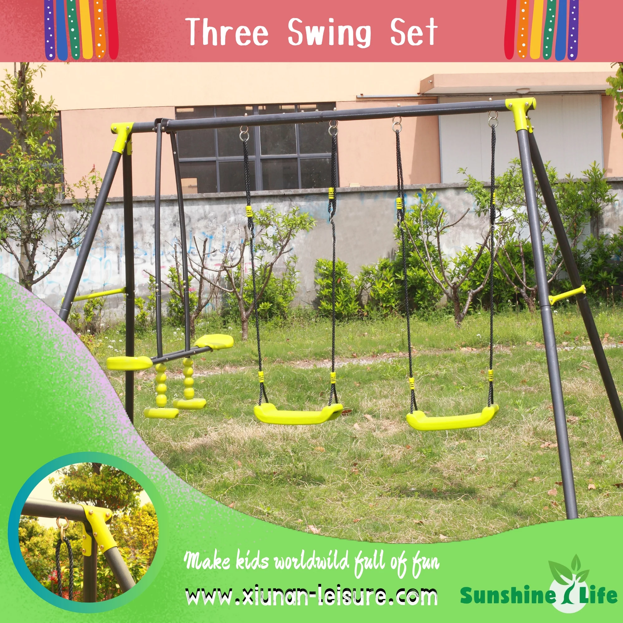 5 in 1 Metal Swing Set for Outside, Kids Backyard Swing Set with Swing Chair, Slide, Glider, Ground Nail, Outdoor Backyard Playground Swing Sets for 3-8 Year, Max Weight 700 lbs - Womvr