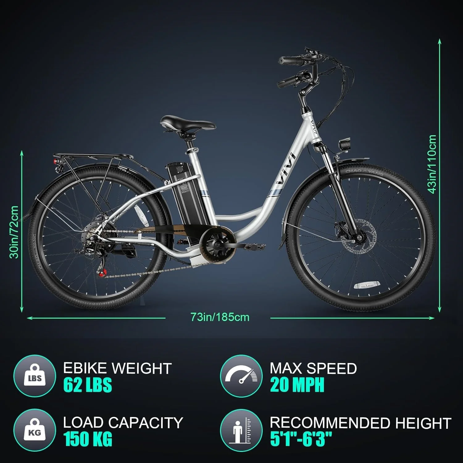 Vivi Electric Bike 26'' Electric Bike for Adults 500W Electric Bike with 48V Removable Battery, Electric Commuter Cruiser Bike 20MPH & 50 Mile City Electric Bike with Cruise Control - Womvr
