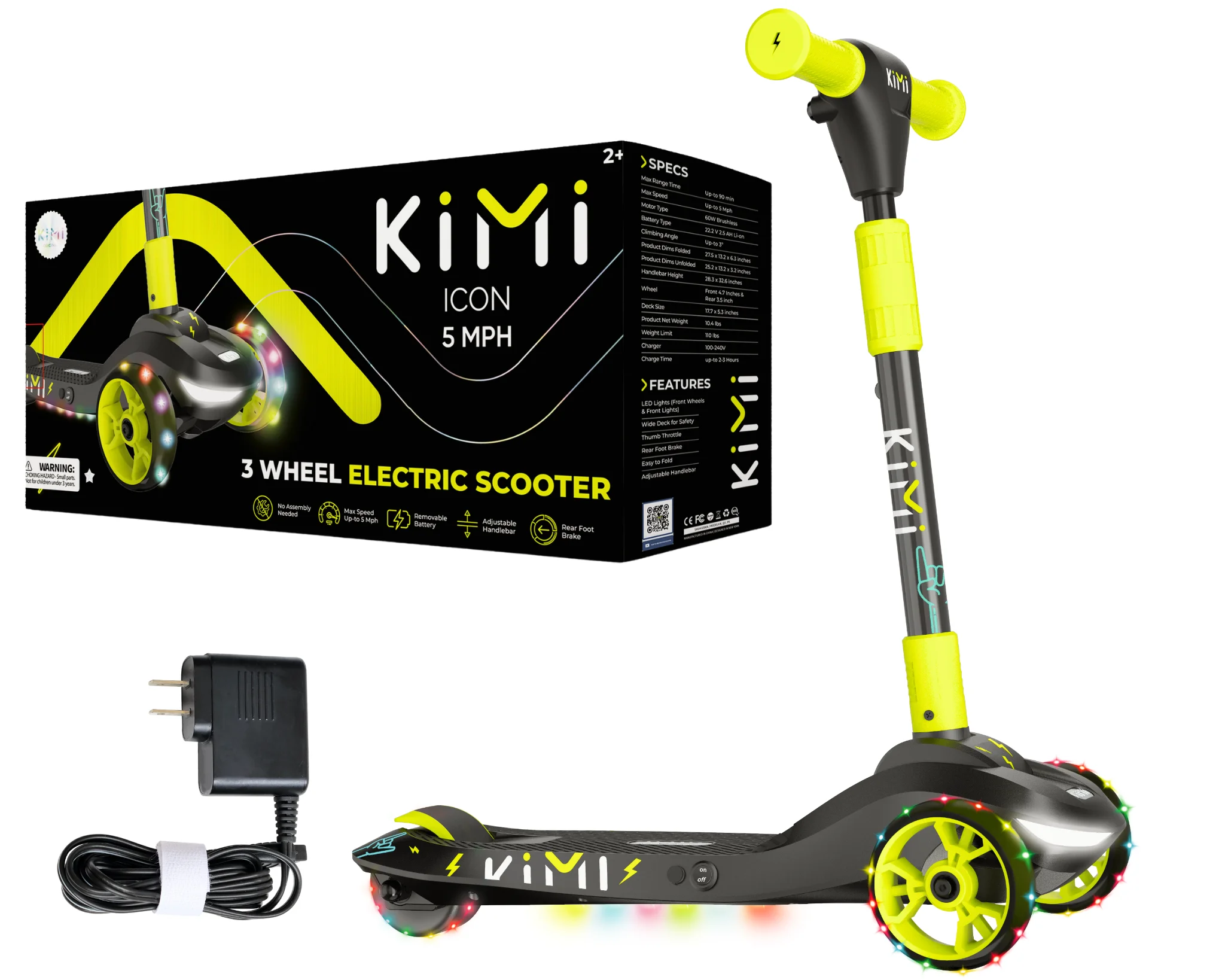Kimi Kids 3-Wheel Electric Scooter, Ages 2-9, 5Mph, Lights, 10 Miles Range - Womvr