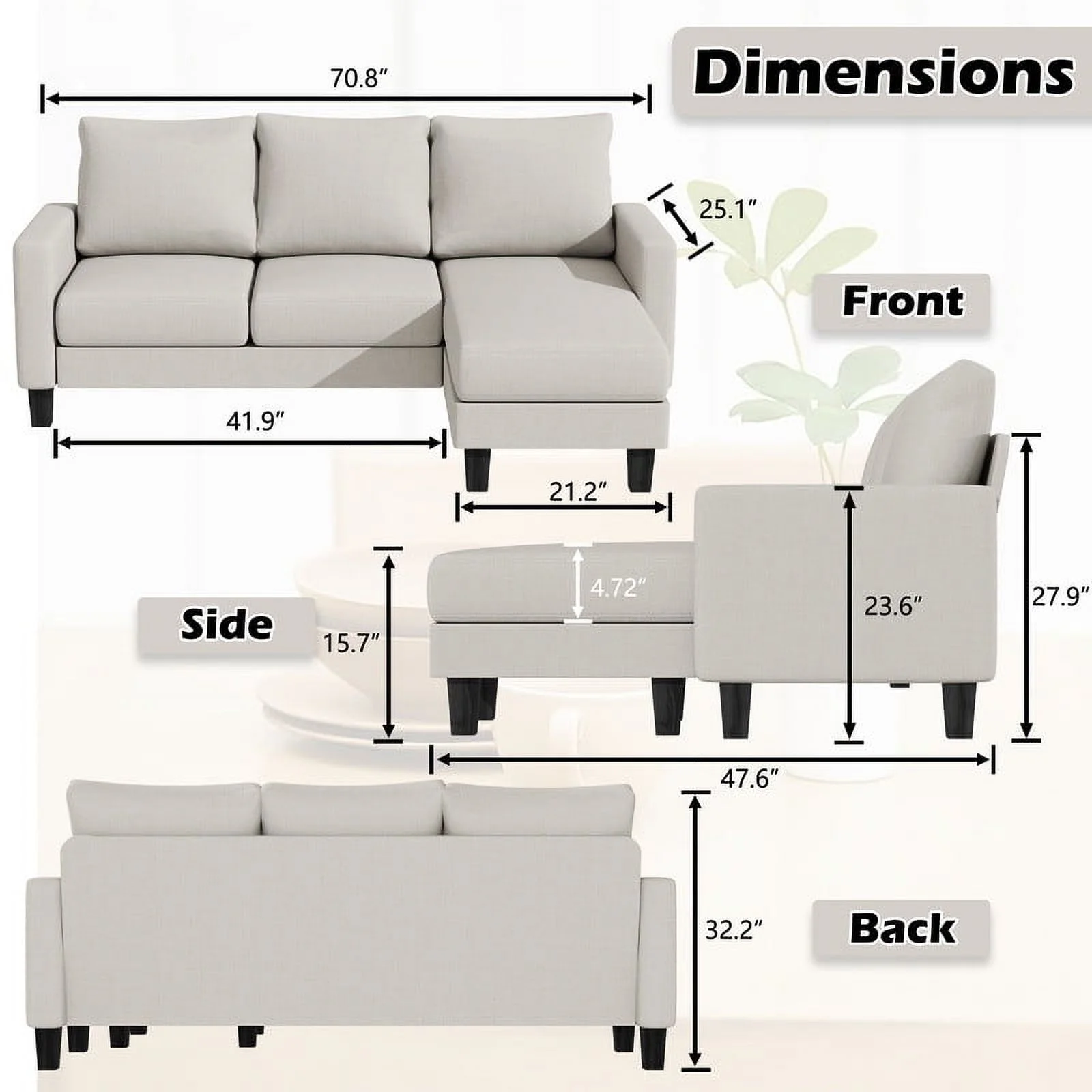 Homall Convertible Sectional Sofa Couch, Modern Linen Fabric L-Shaped Couch 3-Seat Sofa Sectional with Reversible Chaise for Small Living Room, Apartment and Small Space, Dark Gray - Womvr