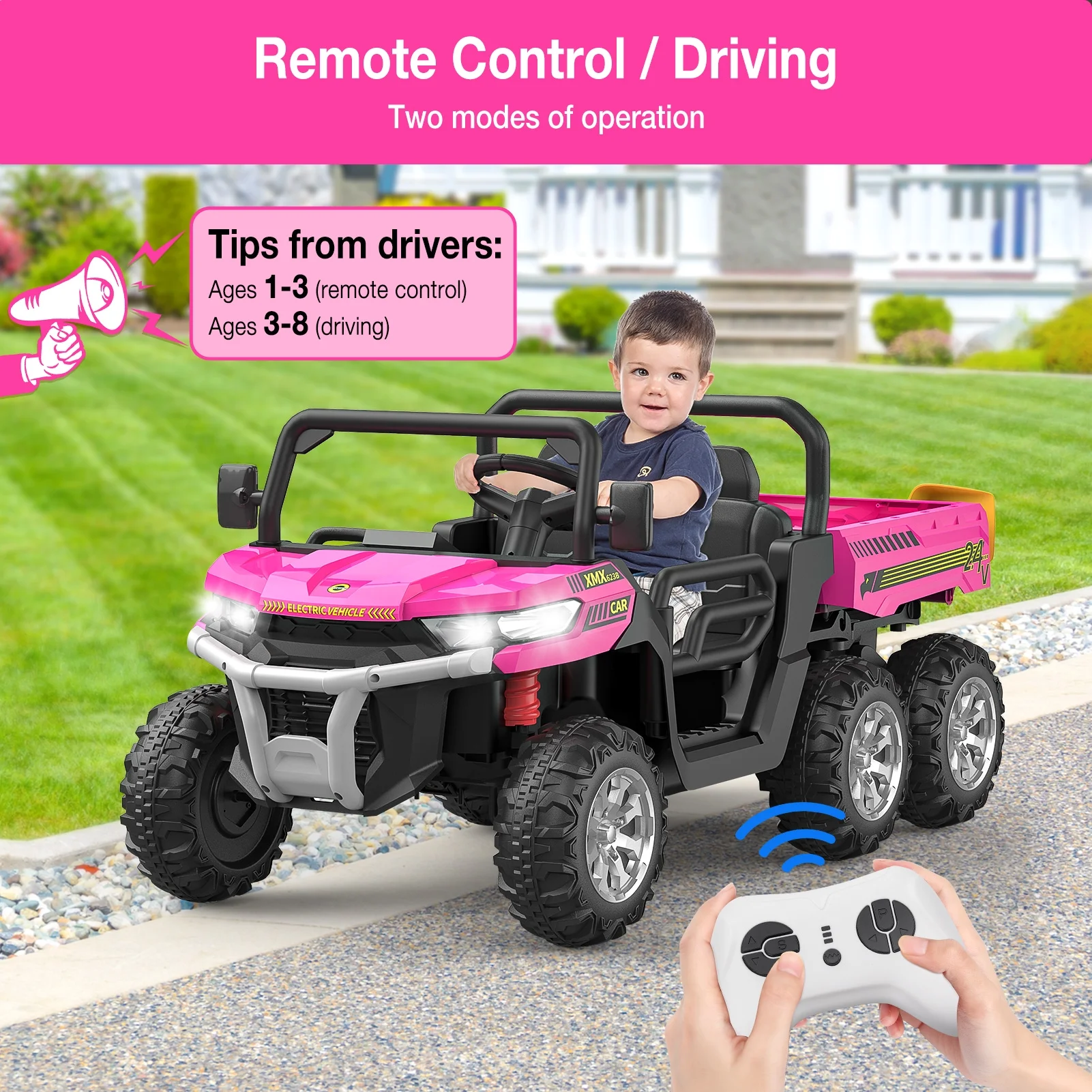 EastVita 3 in 1 Ride on Tractor, 24V Ride on Car Toy Electric Truck Vehicle ,Six-wheeled UTV Car, w/Trailer,Remote Control, LED Lights, Music, USB ,Pink - Womvr