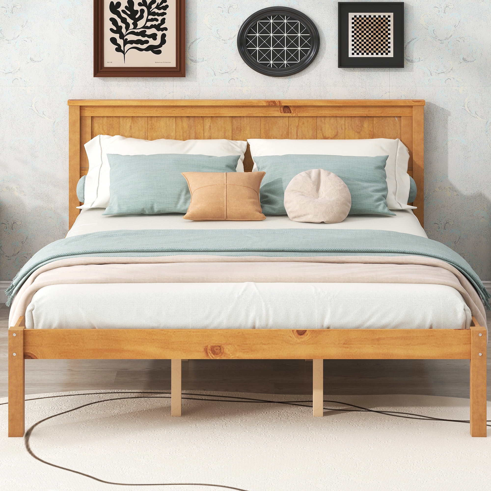 Platform Bed Frame with Headboard. Wood Slat Support. No Box Spring Needed. Queen. Oak - Womvr