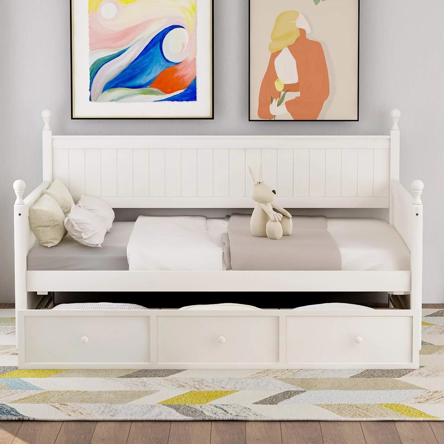 Daybed With Storage Drawers Wood Day Bed Frame For Living Room Bedroom Dual-Use Sofa Beds For Kids Guests Sleepovers. White - Womvr