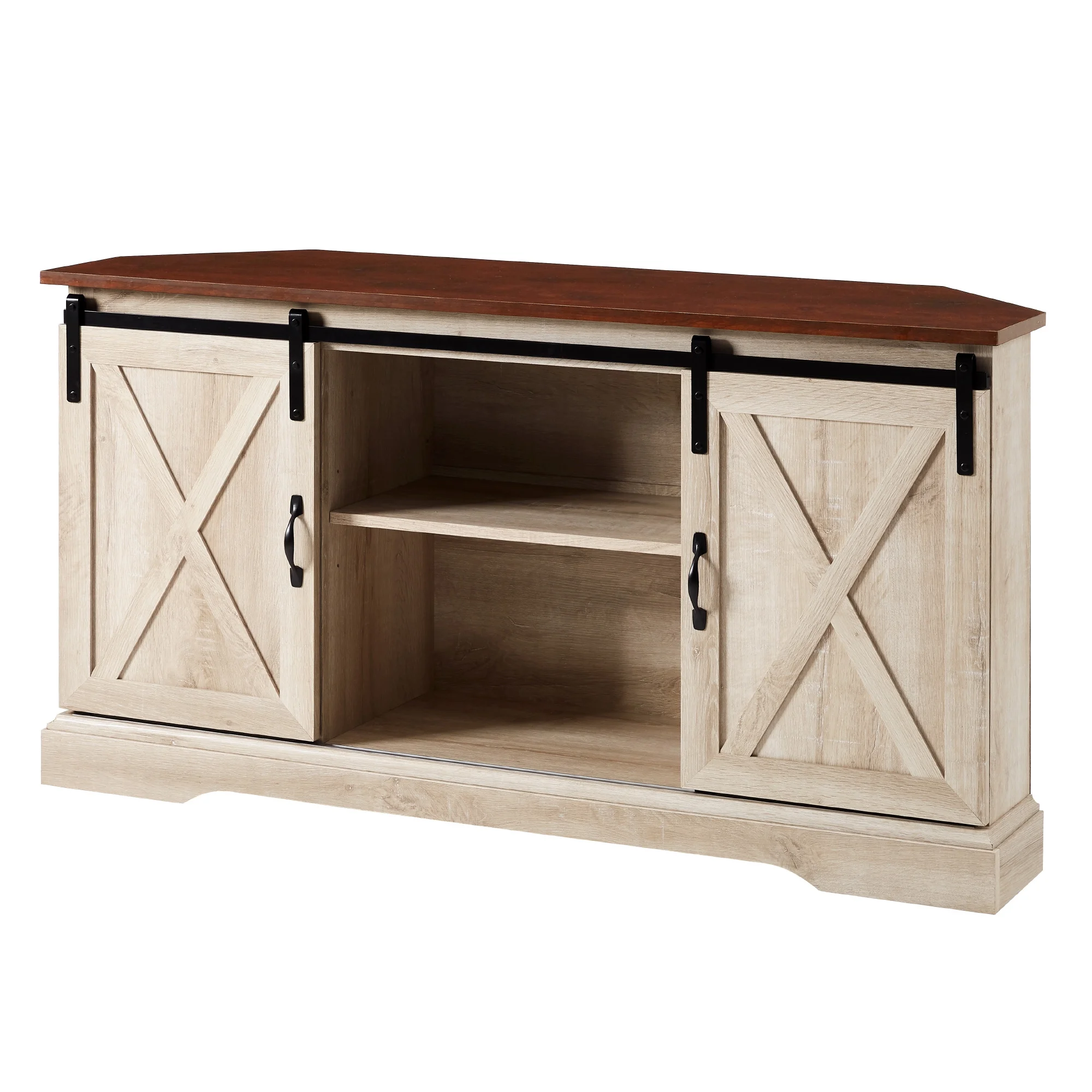 Walker Edison Modern Farmhouse Sliding Door Corner TV Stand, White Oak - Womvr