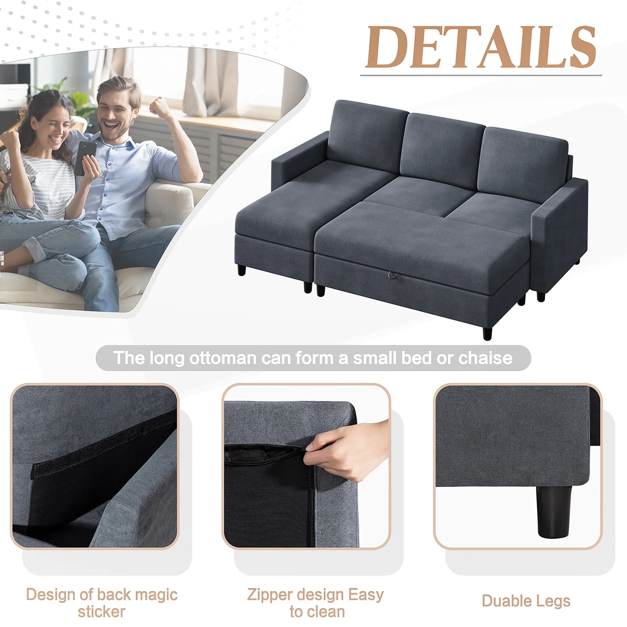 Walsunny Convertible Sectional L-Shaped Sofa with Modern Linen Fabric(Grayish Black) - Womvr