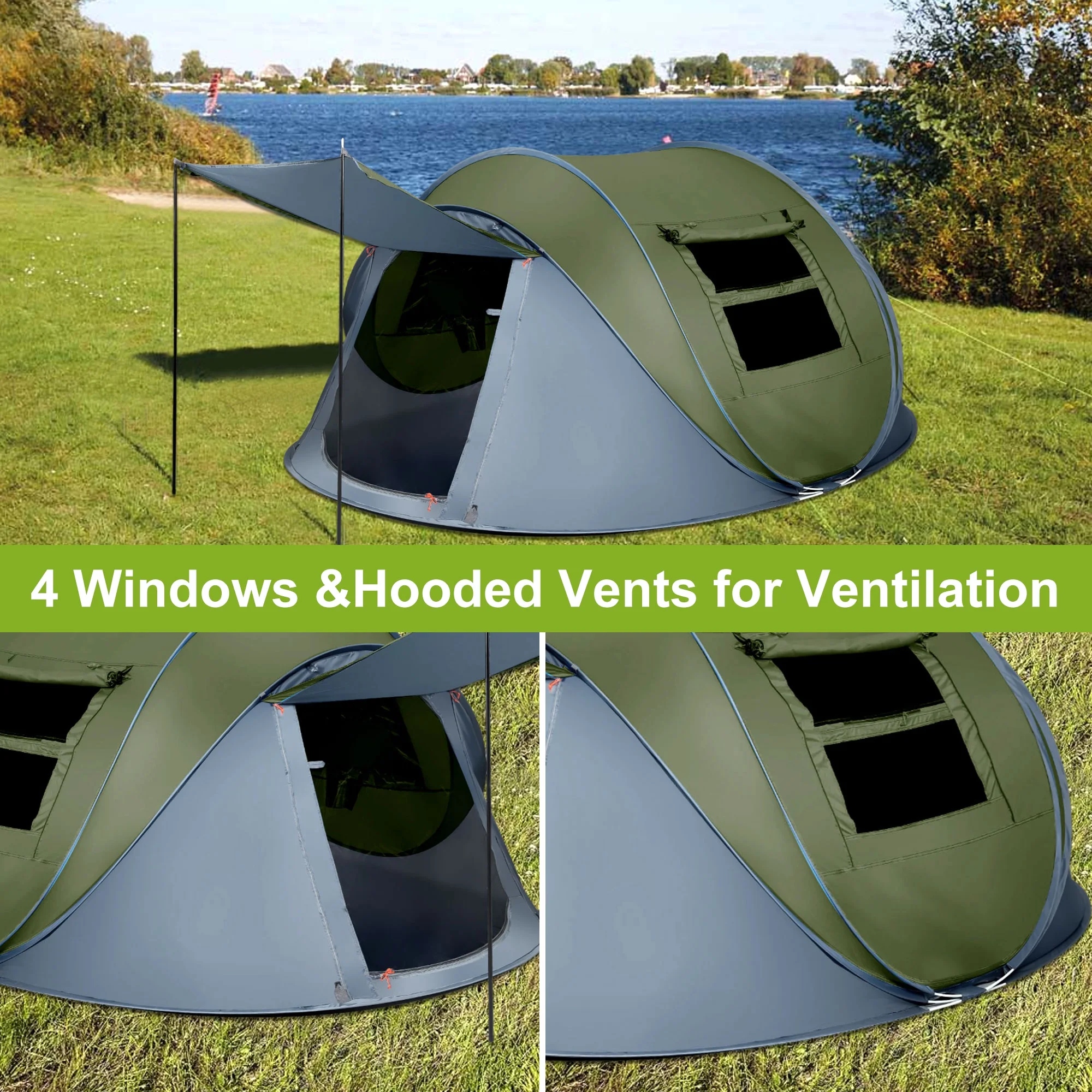 GVDV Camping Tent, 6 Person Easy Pop up Tent, Automatic Setup 2 Doors-Instant Family Tents for Camping Hiking & Traveling, 10.5ft x 7.2ft x52in, Green - Womvr