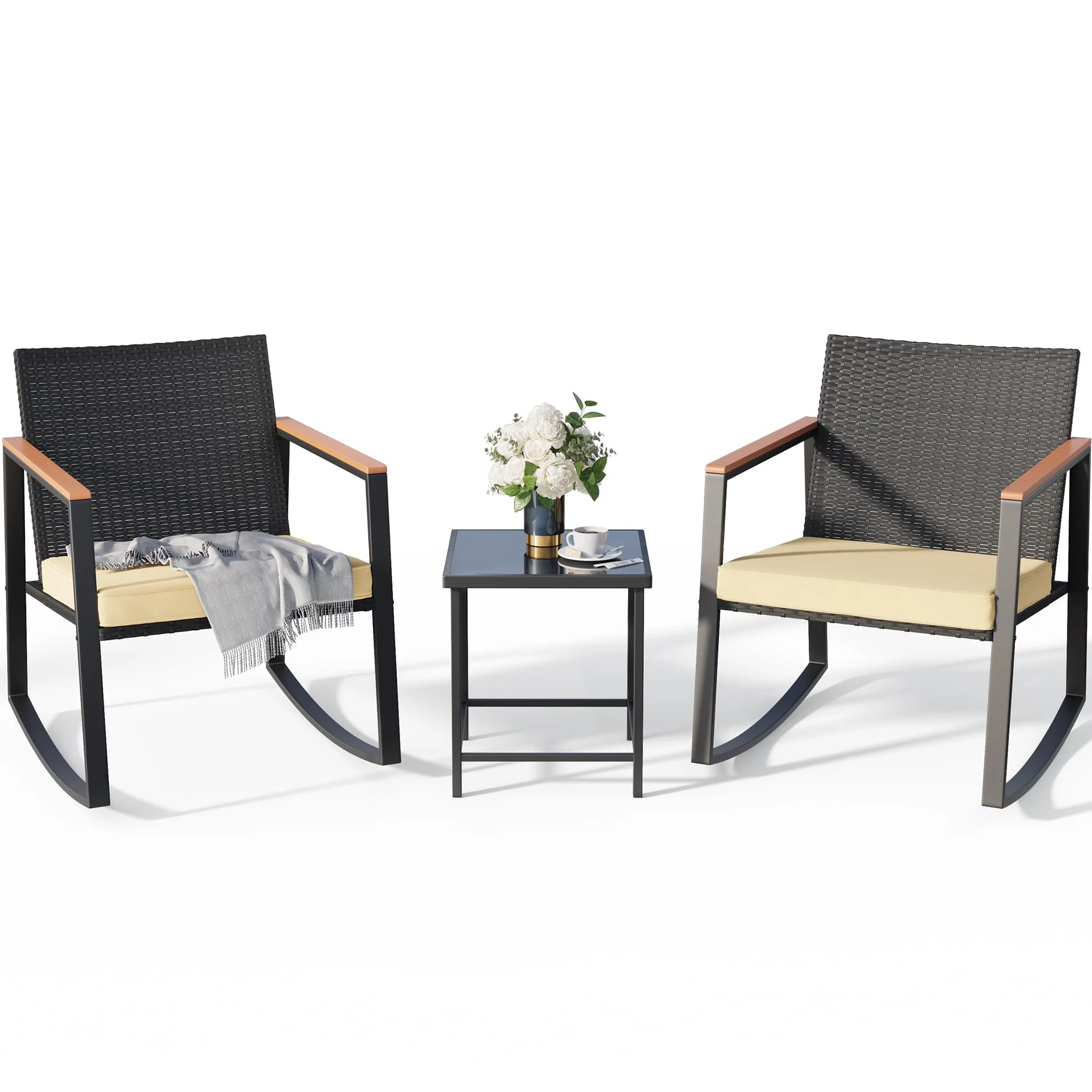 Lofka 3-Piece Patio Wicker Chairs Set with Glass Coffee Table, Outdoor Balcony Furniture Set with Blue Cushion - Womvr