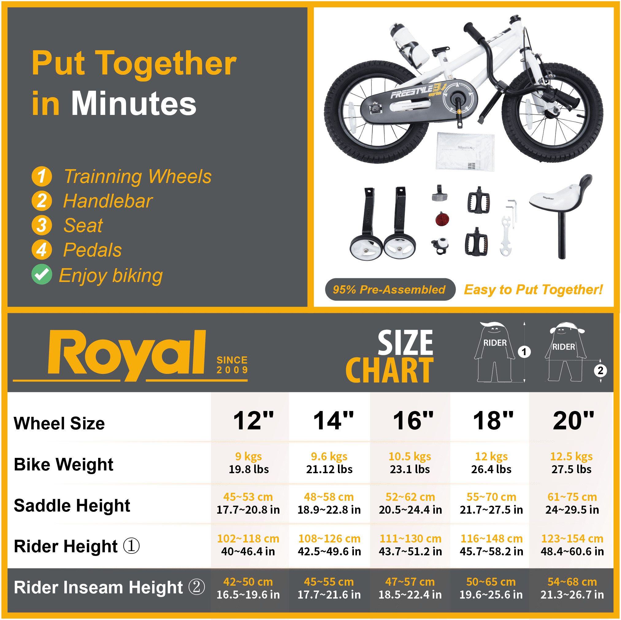 Royalbaby Freestyle Kids Bike 12 14 16 18 20 Inch Bicycle for Boys Girls Ages 3-12 Years, Multiple Color Options - Womvr