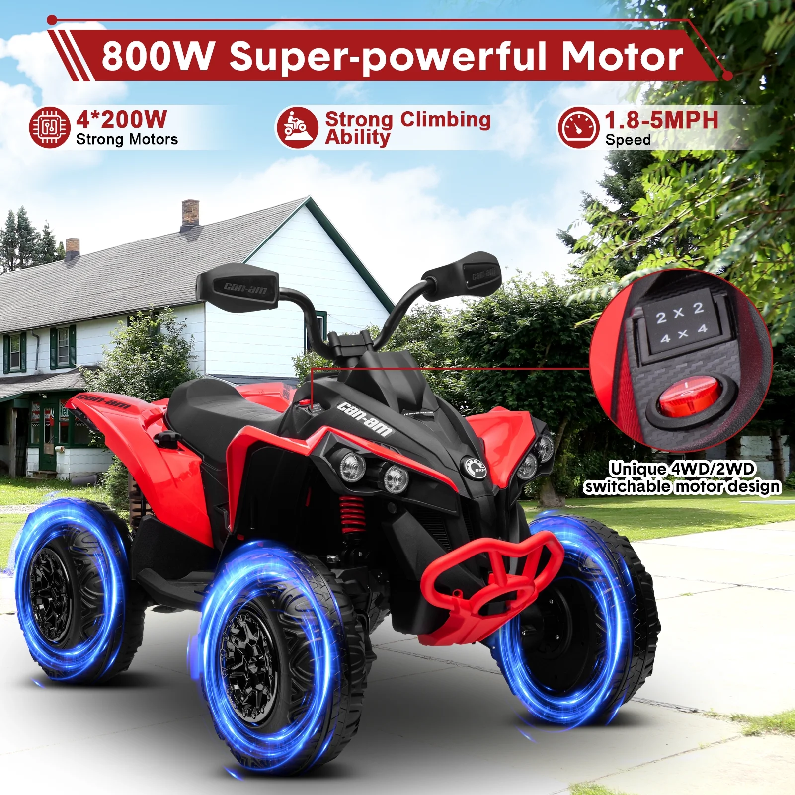24V Ride on Toys, 4 Wheeler ATV for Kids with 2 Seater, 4x200W Motors, 4WD/2WD Switchable, Khaki - Womvr