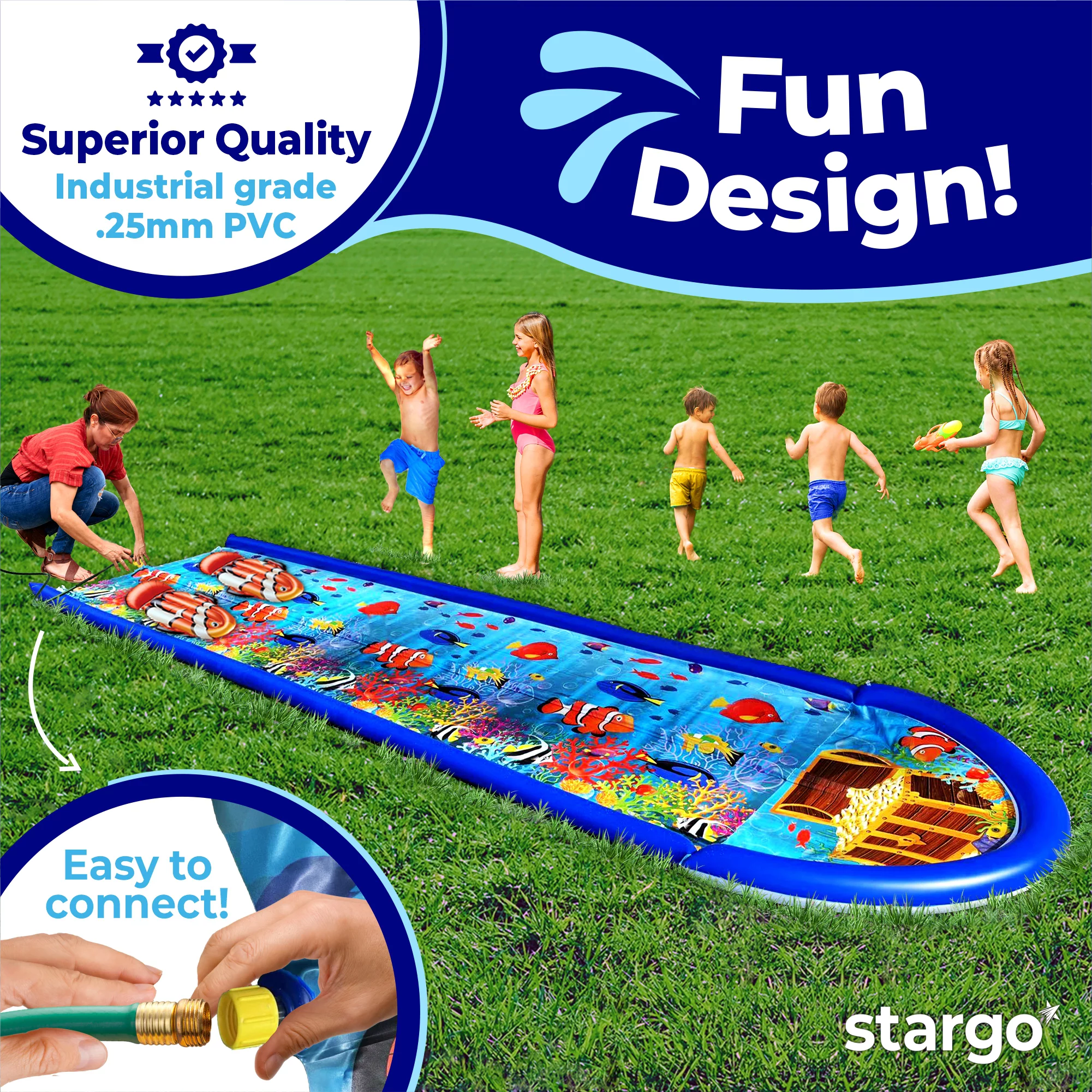 Stargo Undersea Water Dual Slip And Slide - 18 Feet X 5 Feet Slip N Slide With Splash Pad And Sprinkler, Water Slide With Inflatable Body Boards - Kids Water Fun - Womvr
