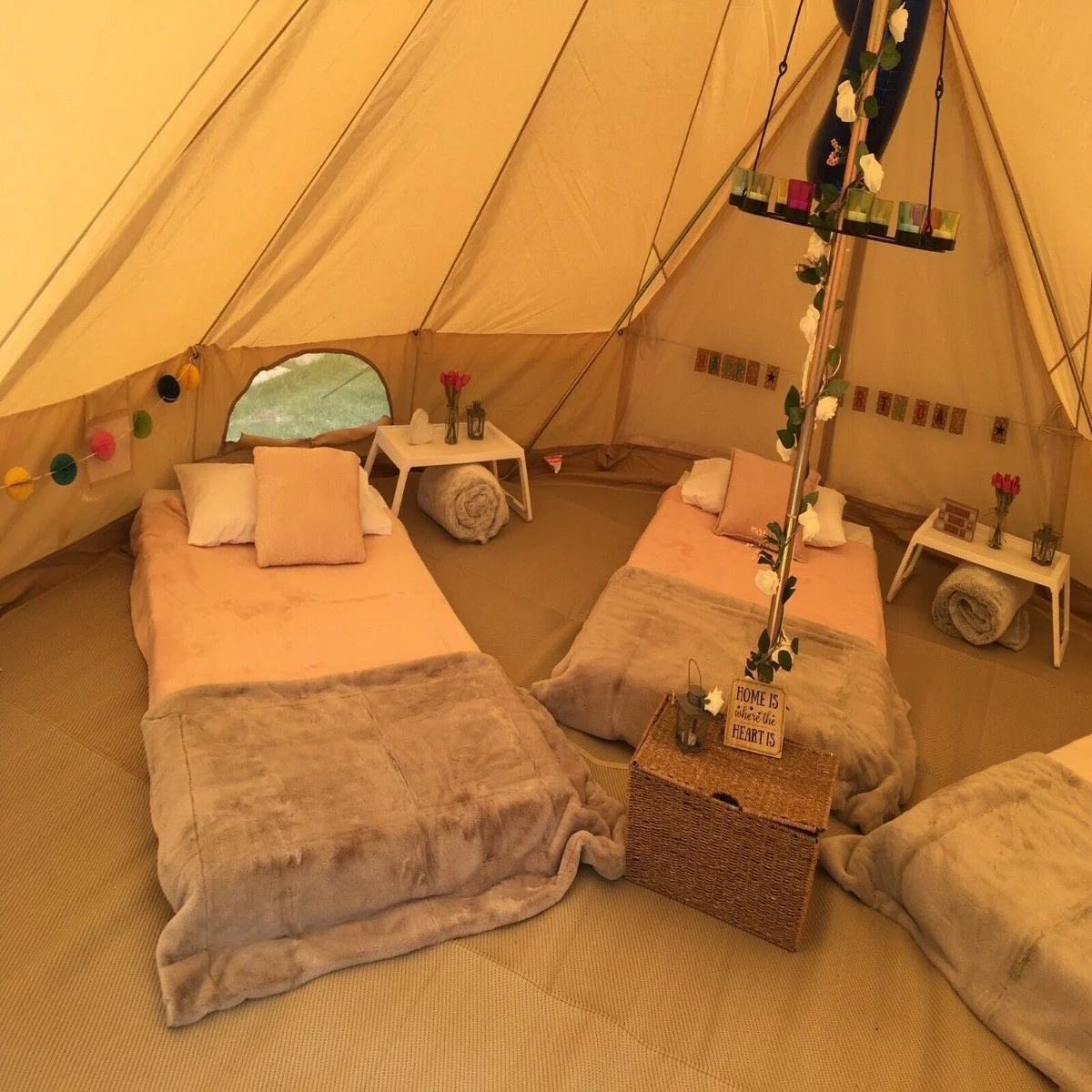 Teepee Tent Outdoor Waterproof 4-Season Family Camping Cotton Canvas Yurt Tent 4M/13.1ft Bell Tent With Stove Hole (Side Wall), For Family Glamping - Womvr