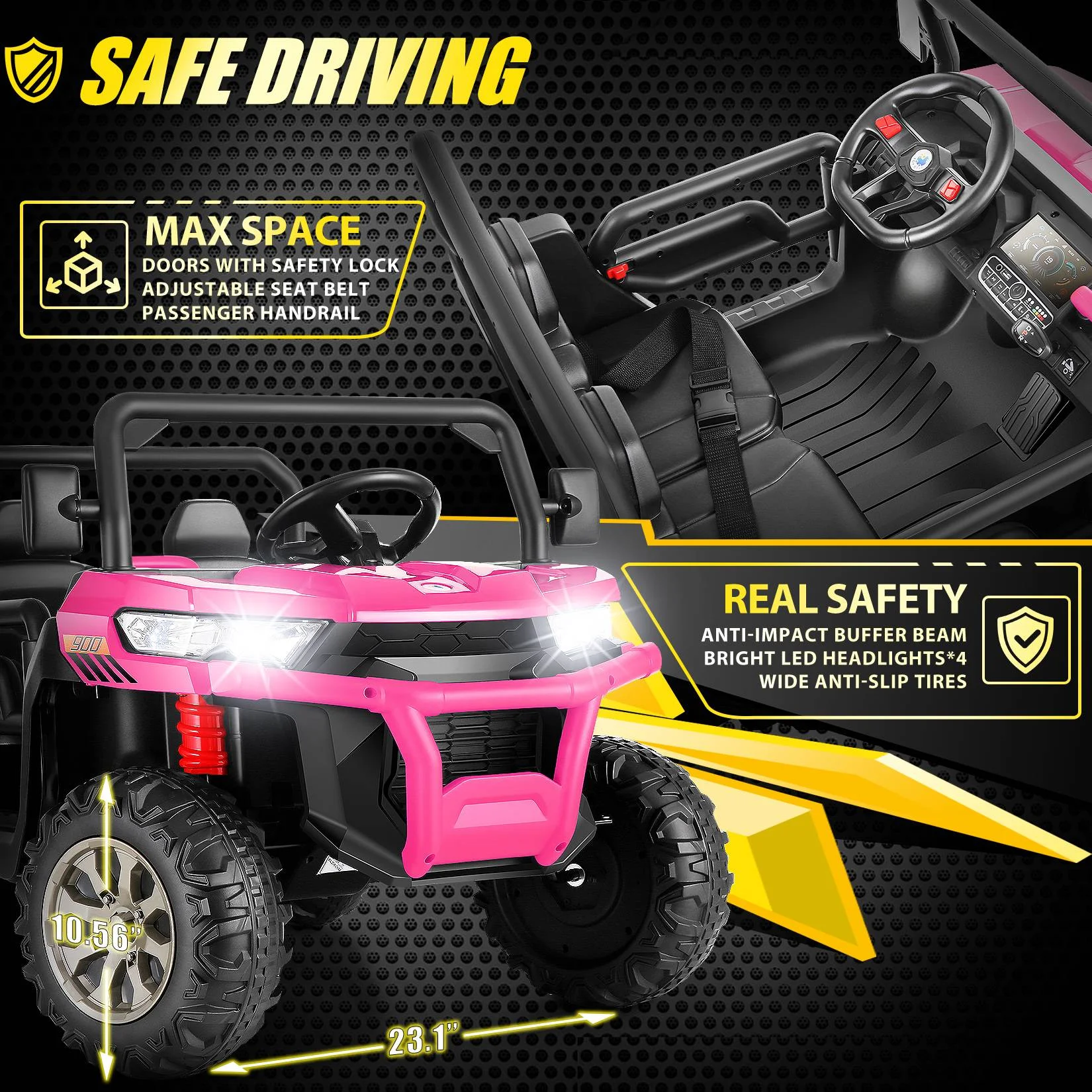 Funcid 24 V 4WD Kids Kids Ride on UTV with Remote Control, 2 Seater 6-Wheel Ride on Dump Truck Car, Ride on Toys w/ Tipping Bucket Trailer & Shovel,Bluetooth Music, Black - Womvr