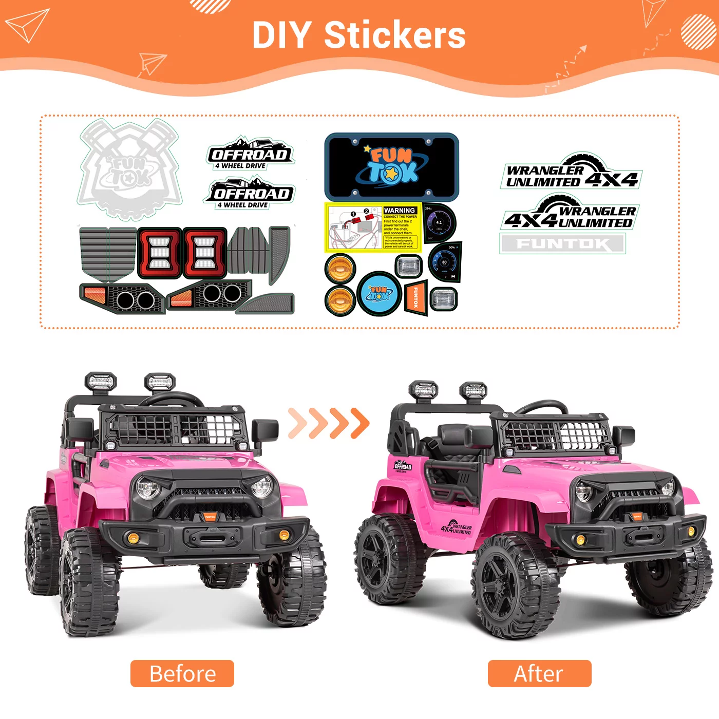 FUNTOK Kids 12V Electric Ride on Toy Car with Remote Control, Spring Suspension, DIY Stickers and Music Player - Womvr