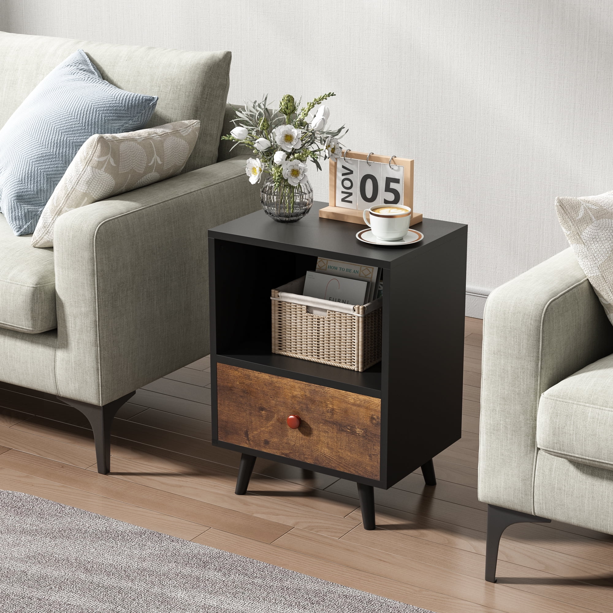 JAXPETY Nightstands Set of 2, Night Stand with 1 Drawer and Open Shelf Storage, End Table, Side Table, for Bedroom, Living Room, Natural Wood & White - Womvr