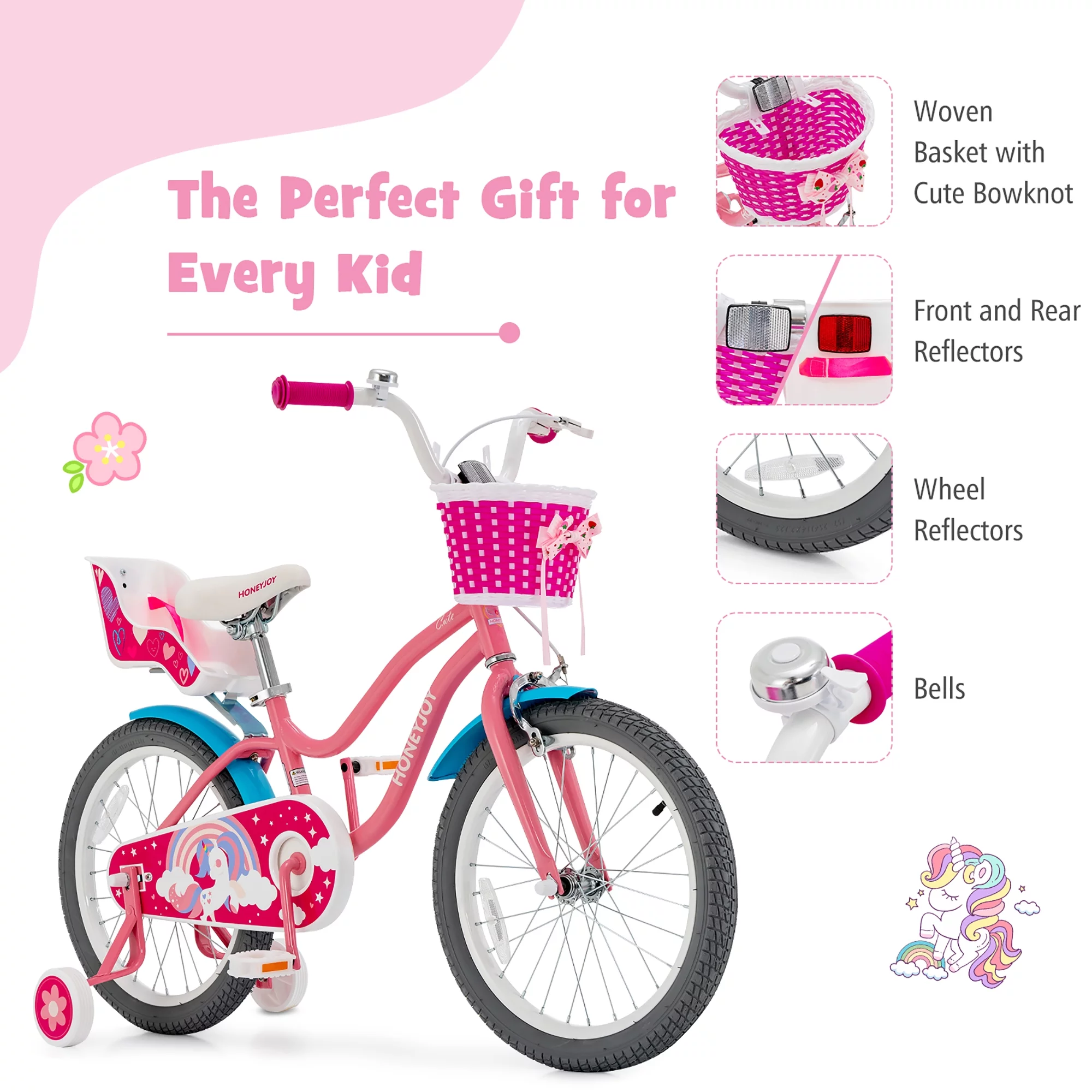 Honeyjoy 18 Inches Kids Bicycle with Training Wheels & Basket for Boys & Girls Age 5-9 Years - Womvr
