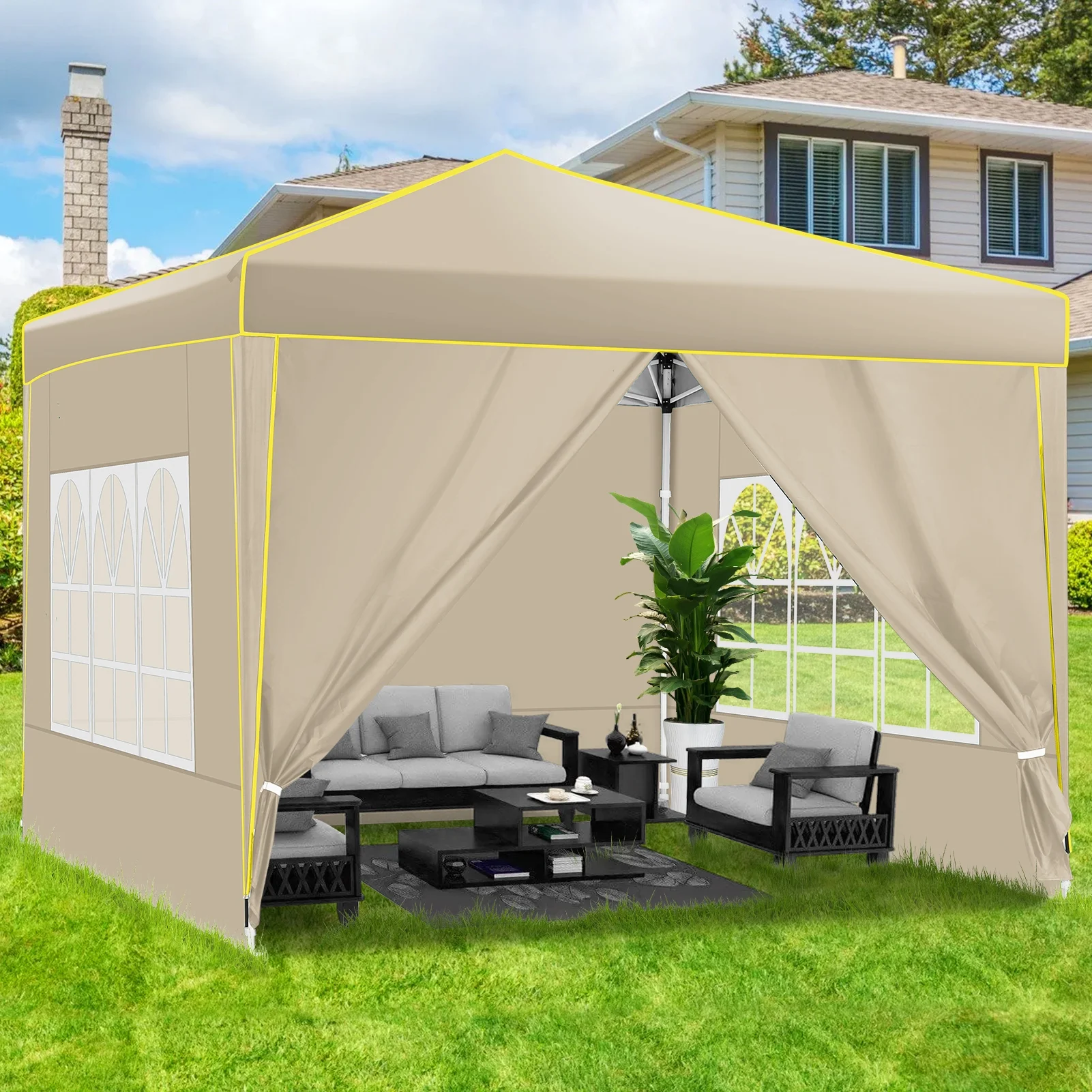 SANOPY 10' x 10' Pop up Canopy, UV and Rain Resistant Canopy Shelter with 4 Removable Sidewalls and Sandbags, Outdoor Canopy with Carry Bag for Grass, Beach and Camping - Womvr