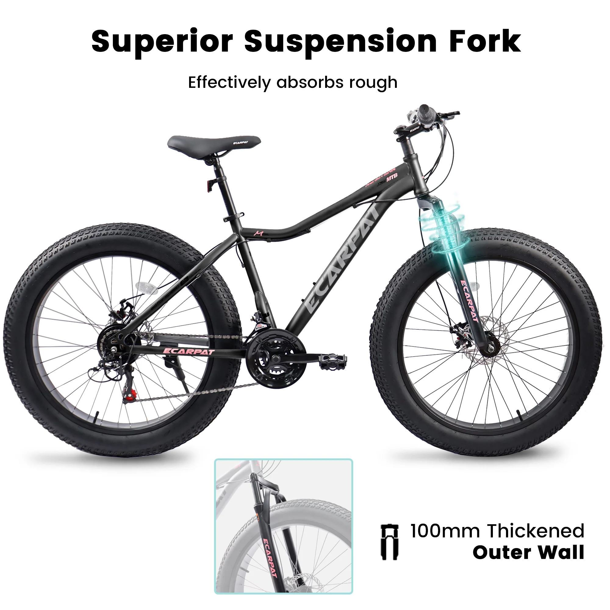 CHAMPIERRE 26 inch Mountain Bike for Adult Fat Tires, Shimano 21 Speeds, Dual Disc Brake Thumb Shifter, Black - Womvr