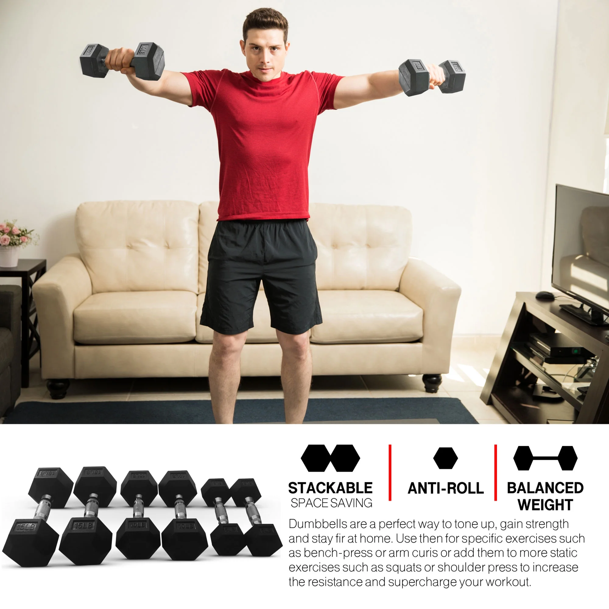 HolaHatha 5, 8, 10, 12 and 15 Pound Hexagonal Dumbbell Weight Set with Rack - Womvr