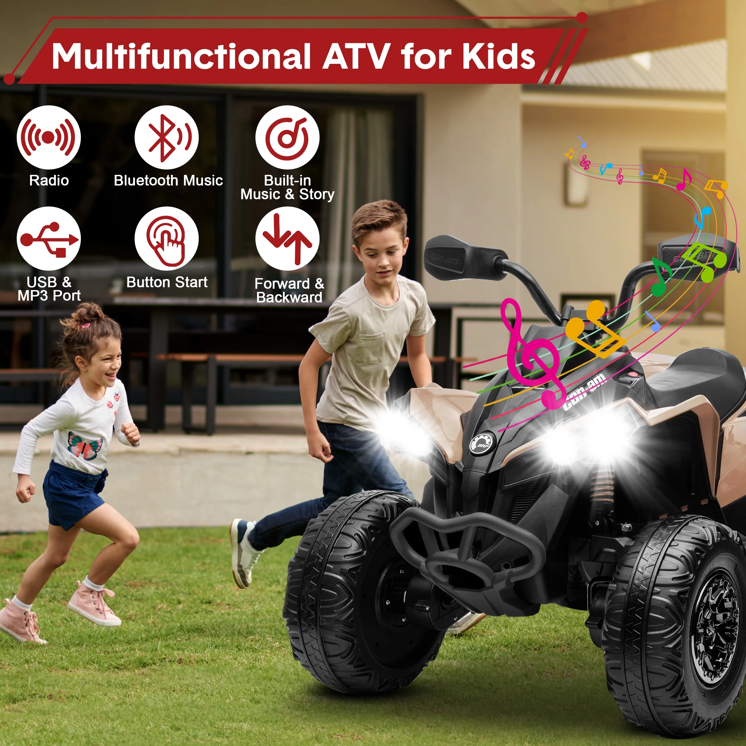 24V Ride on Toys, 4 Wheeler ATV for Kids with 2 Seater, 4x200W Motors, 4WD/2WD Switchable, Khaki - Womvr