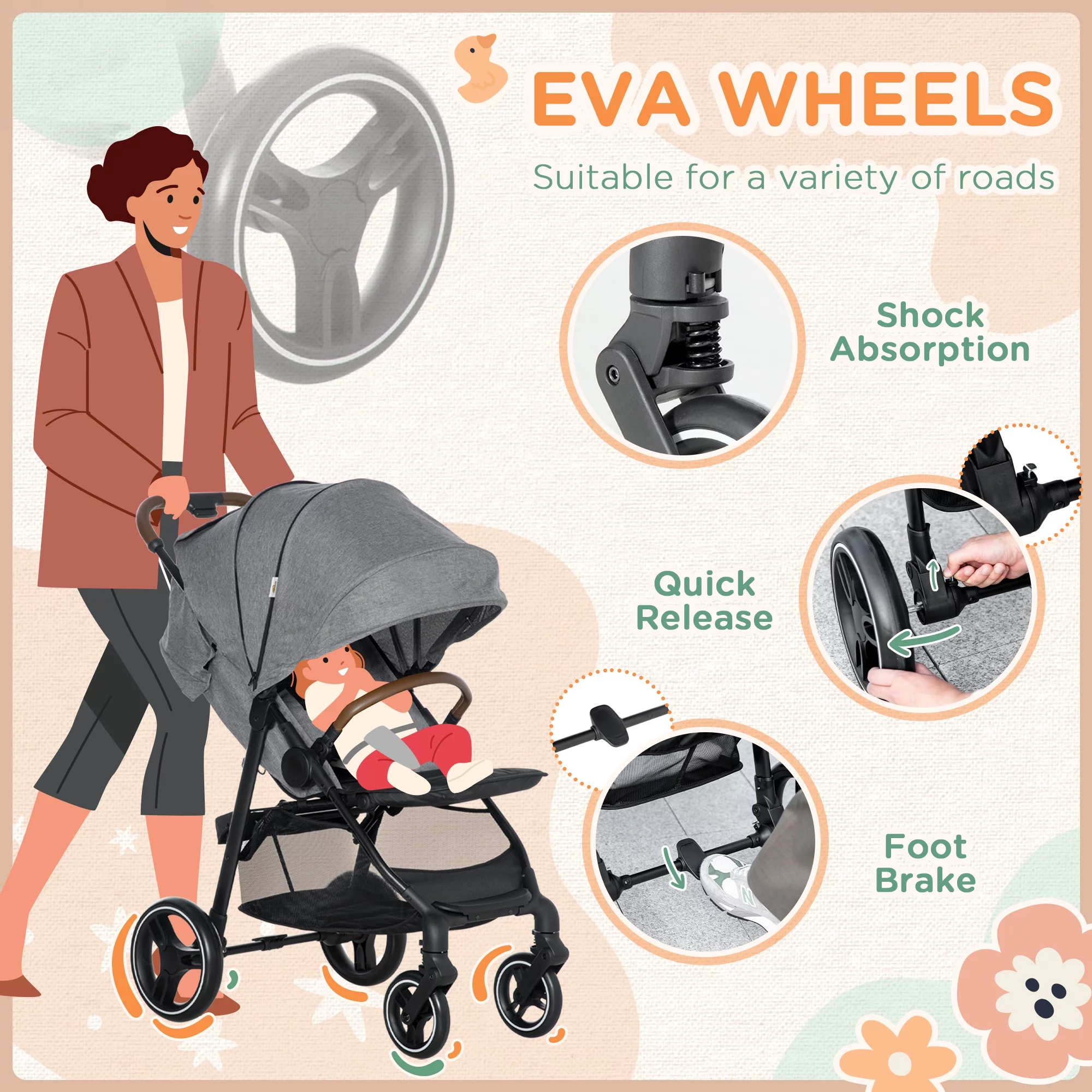 Qaba 1-Click-Foldable Toddler & Baby Stroller, Lightweight Stroller, Black - Womvr