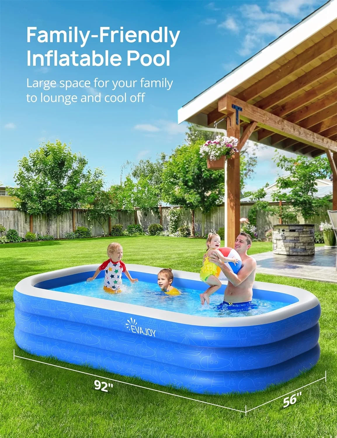 Sable Inflatable Pool, 95 x 75 x 40in Rectangular Swimming Pool for Toddlers, Kids, Family, Above Ground, Backyard, Outdoor - Womvr