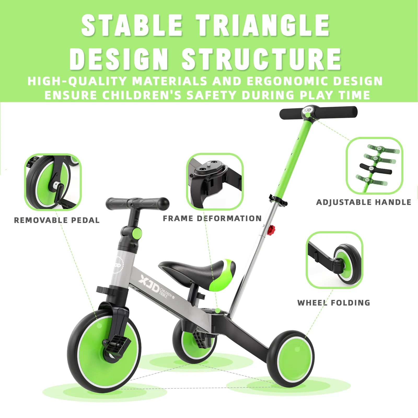 XJD 7 in 1 Toddler Tricycle with Push Handle,Toddler Bike for 1-3 Years Old Boy Girl, Toddler Push Tricycle, Baby Bike Balance Bike with Adjustable Seat Height and Removable Pedal - Womvr