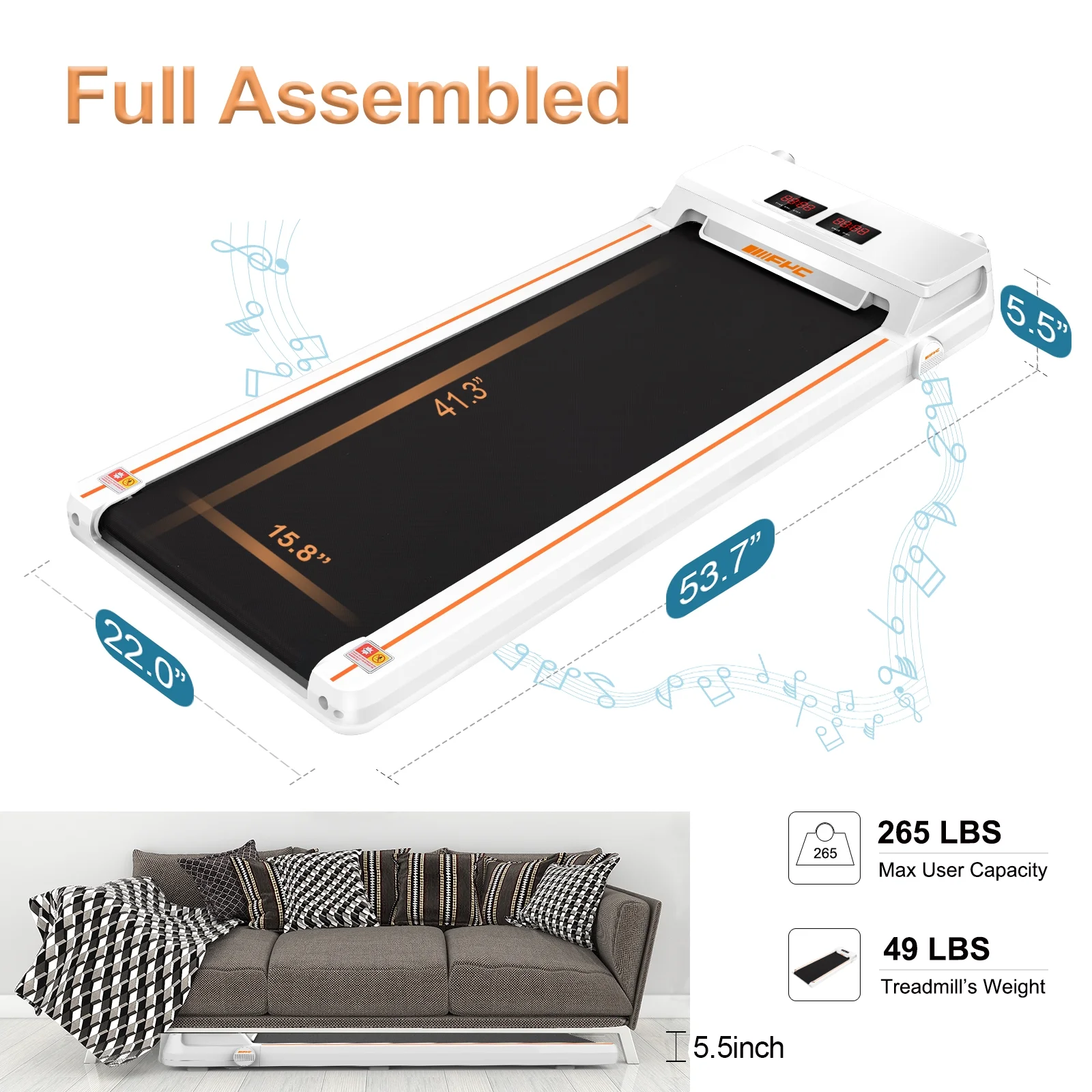 FYC Under Desk Treadmill for Home Office, Slim Walking Smart Treadmill with APP/Bluetooth/Remote Control - Electric Treadmill with LED Display, Running Walking Jogging - White - Womvr