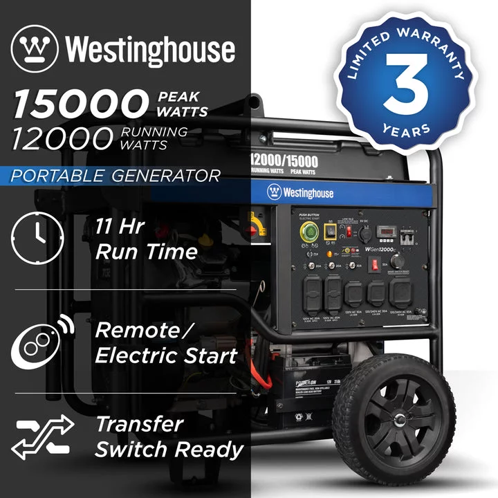 Westinghouse 15,000 Peak Watt Home Backup Portable Gas Generator with Electric Start & CO Sensor - Womvr