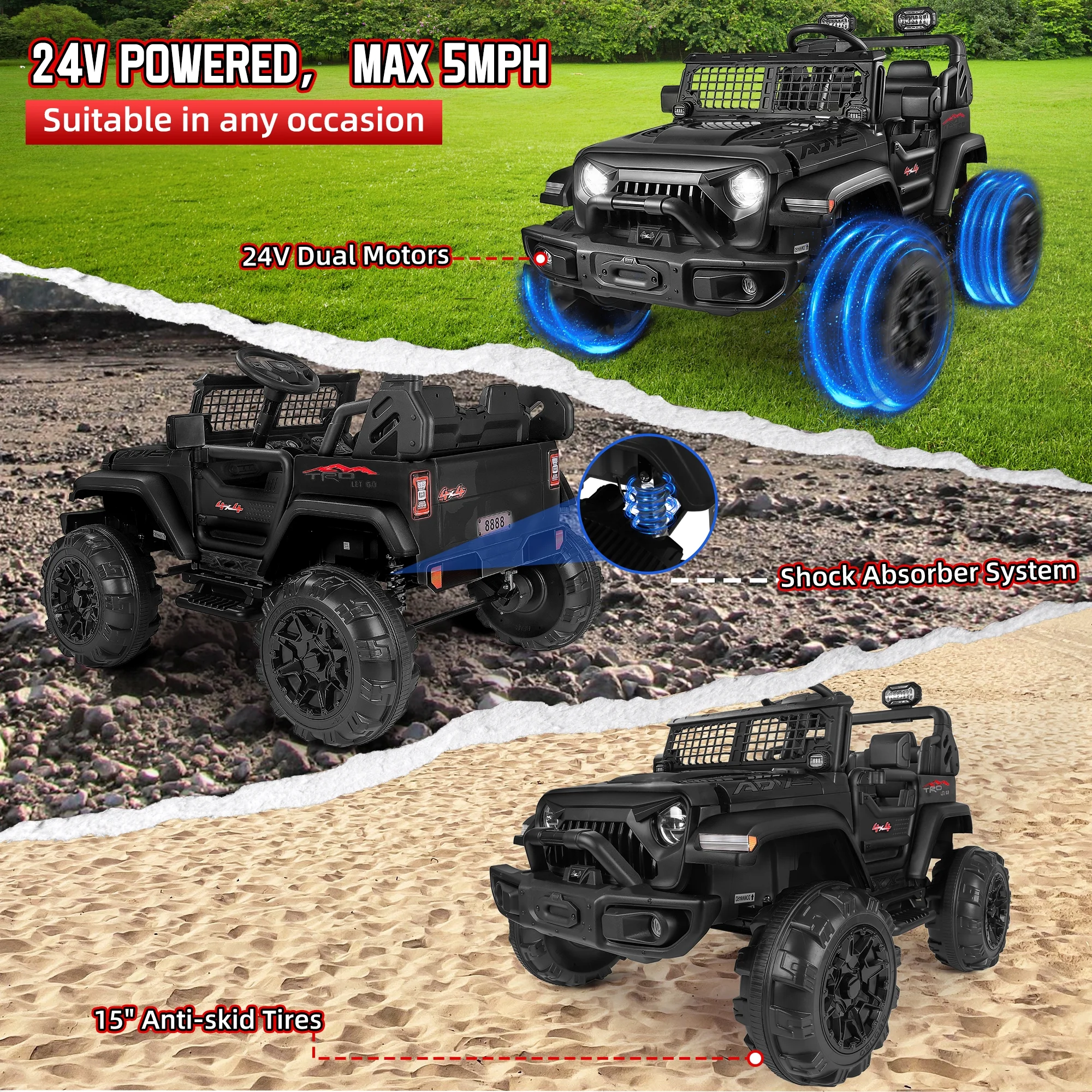 Wisairt 24V Kids Ride on Truck, 2 Seater Powered Ride on Car w/ Remote Control and Storage Space, 3 Speeds, Bluetooth, LED Lights (Black) - Womvr