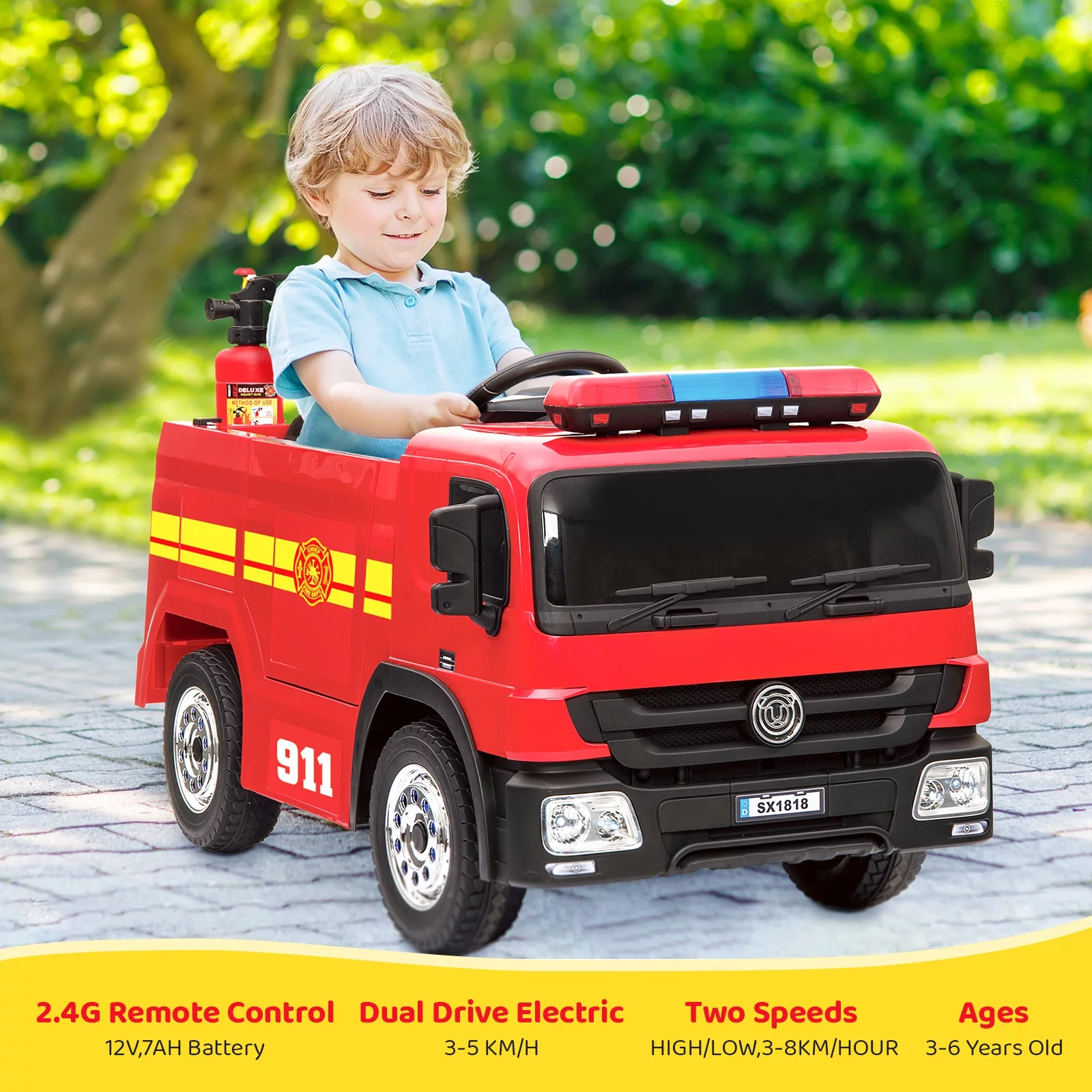 Pirecart 12V Kids Ride on Car Electric Powered Fire Truck Toy with Remote Control, LED Lights - Womvr