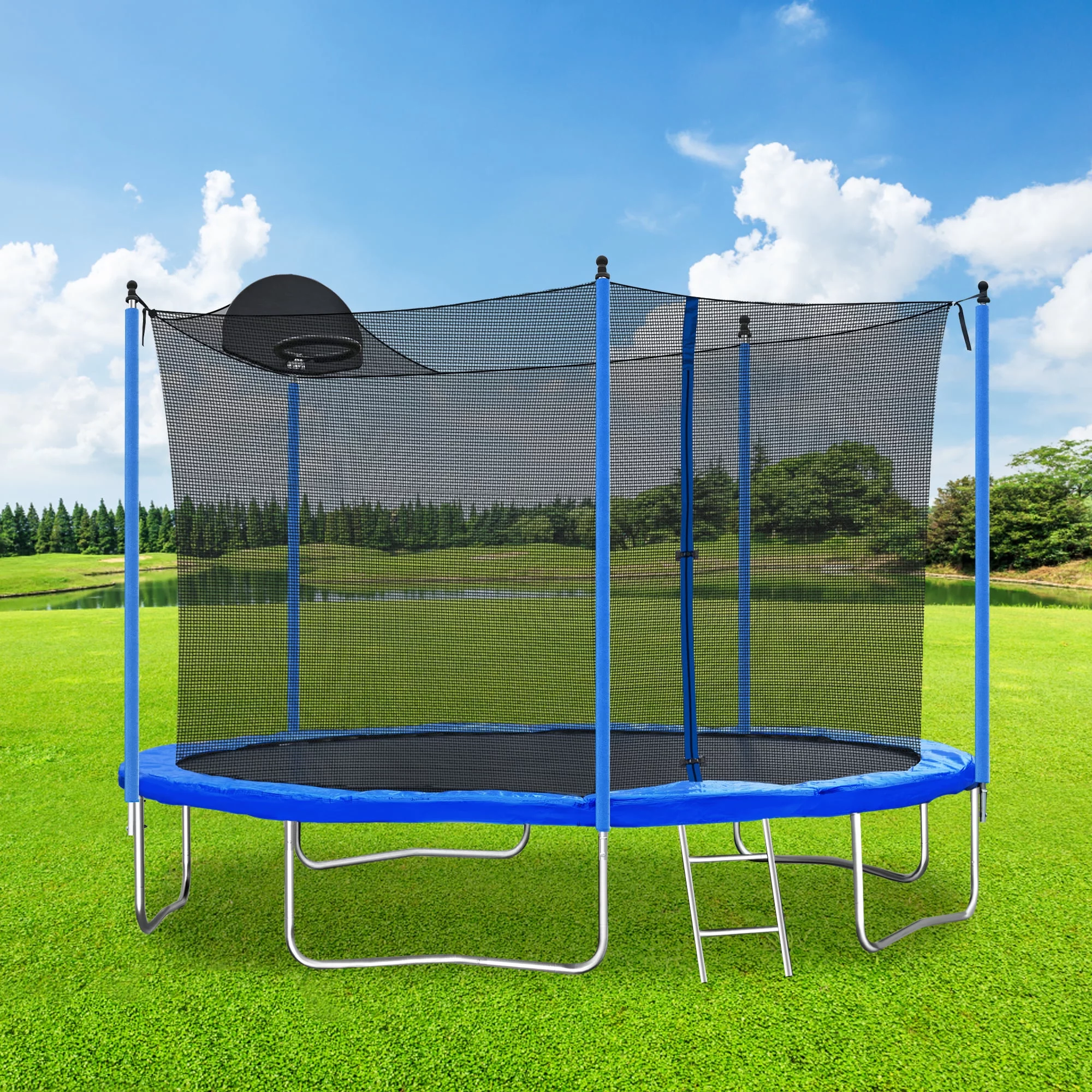 Highsound 12 FT Trampoline for Adults/Kids with Safety Enclosure Net, Basketball Hoop and Ladder, Heavy Duty Outdoor Recreational Trampolines for Family, Easy Assembly - Womvr