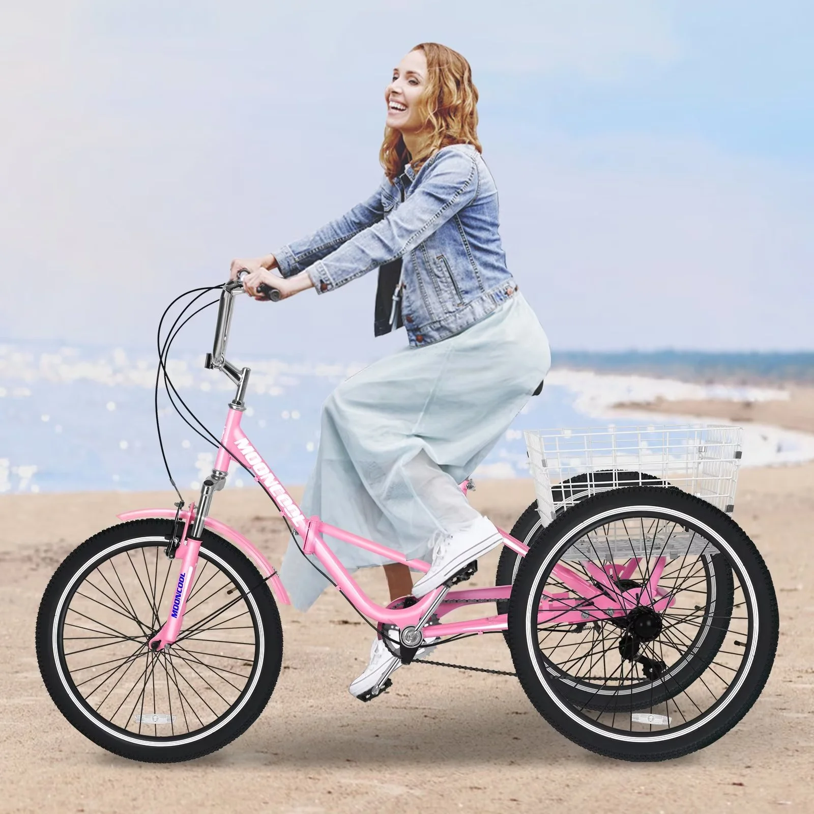 MOPHOTO 20/24/26 inch Adult Tricycle Folding 3 Wheel Cruiser Bikes 7 Speed, Portable and Foldable Trikes with Cargo Basket for Men & Women Outdoor Cycling, Purple - Womvr