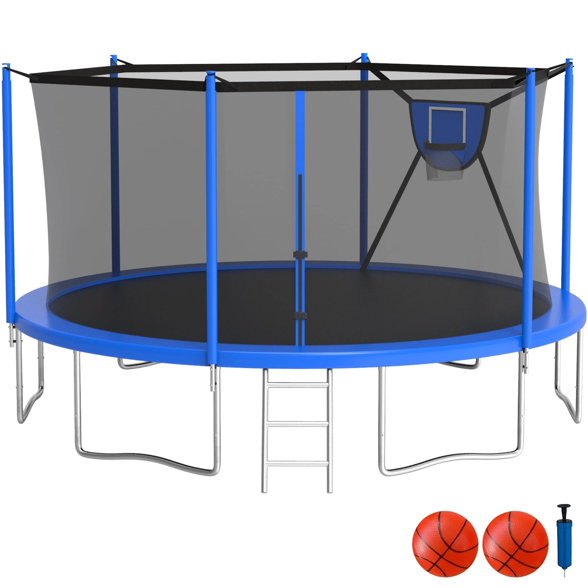 KOFUN Trampoline with Adjustable Basketball Hoop & Light, 1500lbs 10FT 12FT 14FT 16FT Trampoline for Adults and Kids, No Gap Design Backyard Trampoline with Enclosure Net, Ladder, Green - Womvr