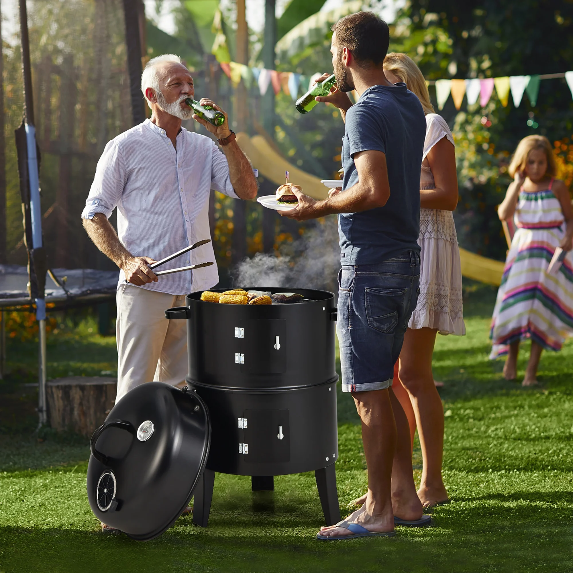 Costway3-in-1 Vertical Charcoal Smoker  Portable BBQ Smoker Grill with Detachable 2 Layer - Womvr