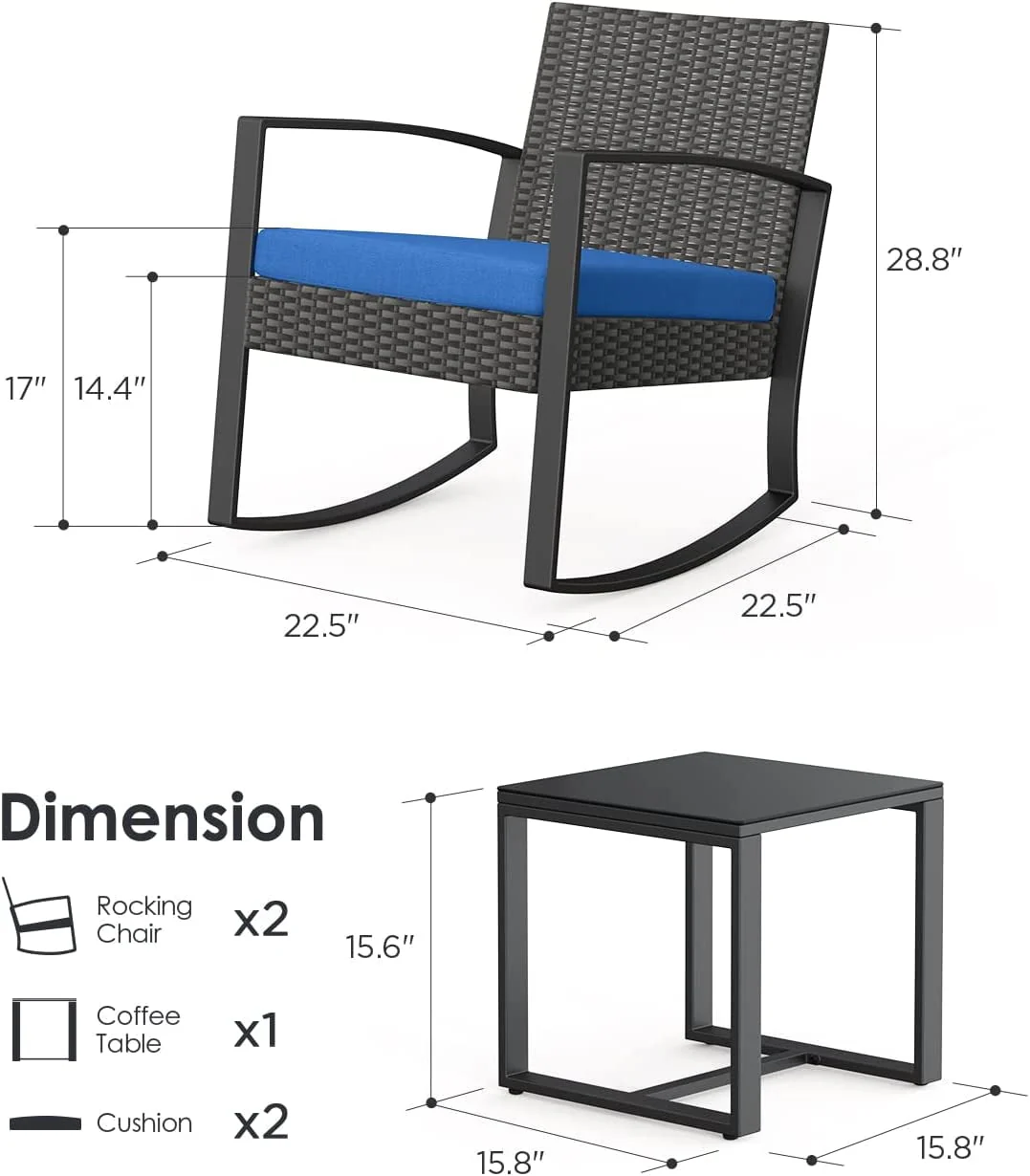 Lofka 3-Piece Patio Wicker Chairs Set with Glass Coffee Table, Outdoor Balcony Furniture Set with Blue Cushion - Womvr