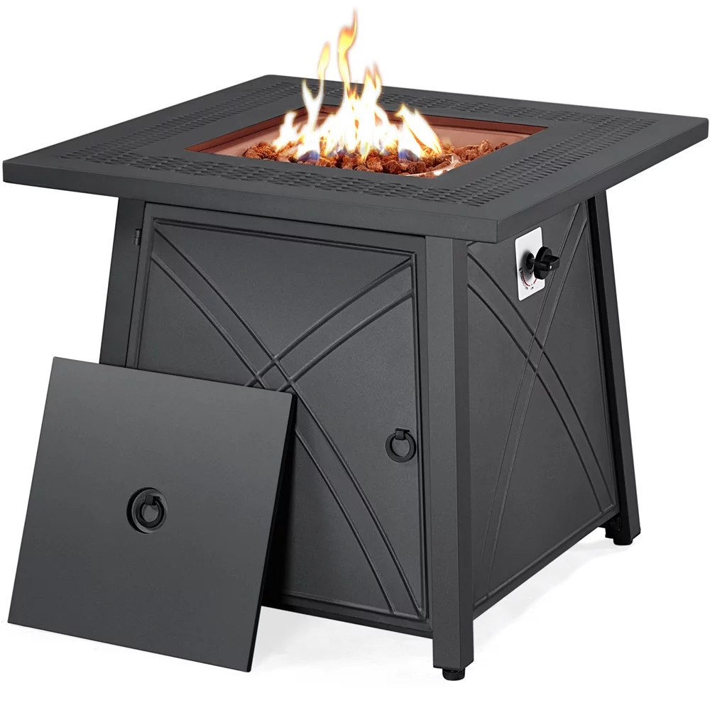 Topeakmart 28'' Square Propane Fire Pit Table 50,000 BTU with Lid & Iron Tabletop, Black - Womvr