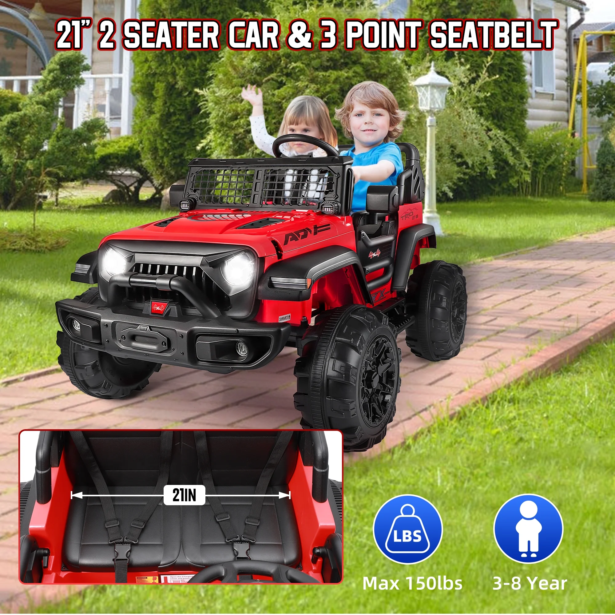 Wisairt 24V Kids Ride on Truck, 2 Seater Powered Ride on Car w/ Remote Control and Storage Space, 3 Speeds, Bluetooth, LED Lights (Black) - Womvr