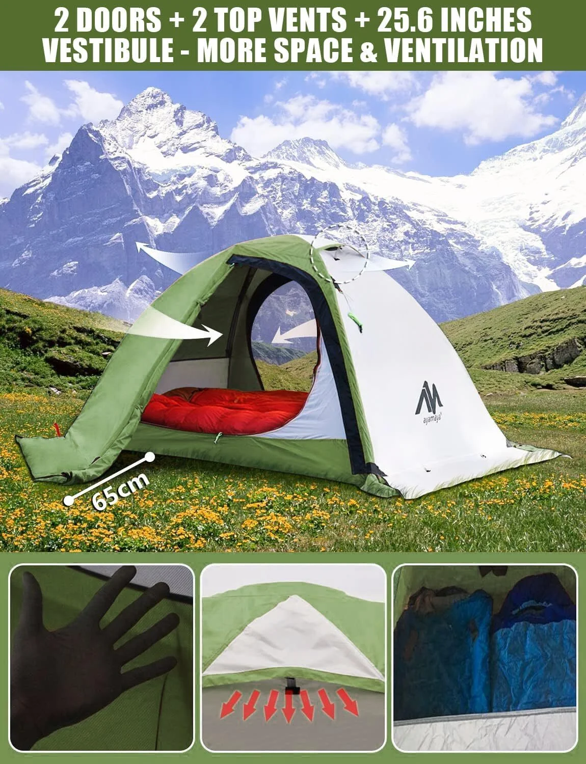 IC ICLOVER 4 Season Backpacking Tent for 2 Person Ultralight Waterproof All Weather Double Layer Camping Tents for Backpacker Outdoor Hiking Survival - Green - Womvr