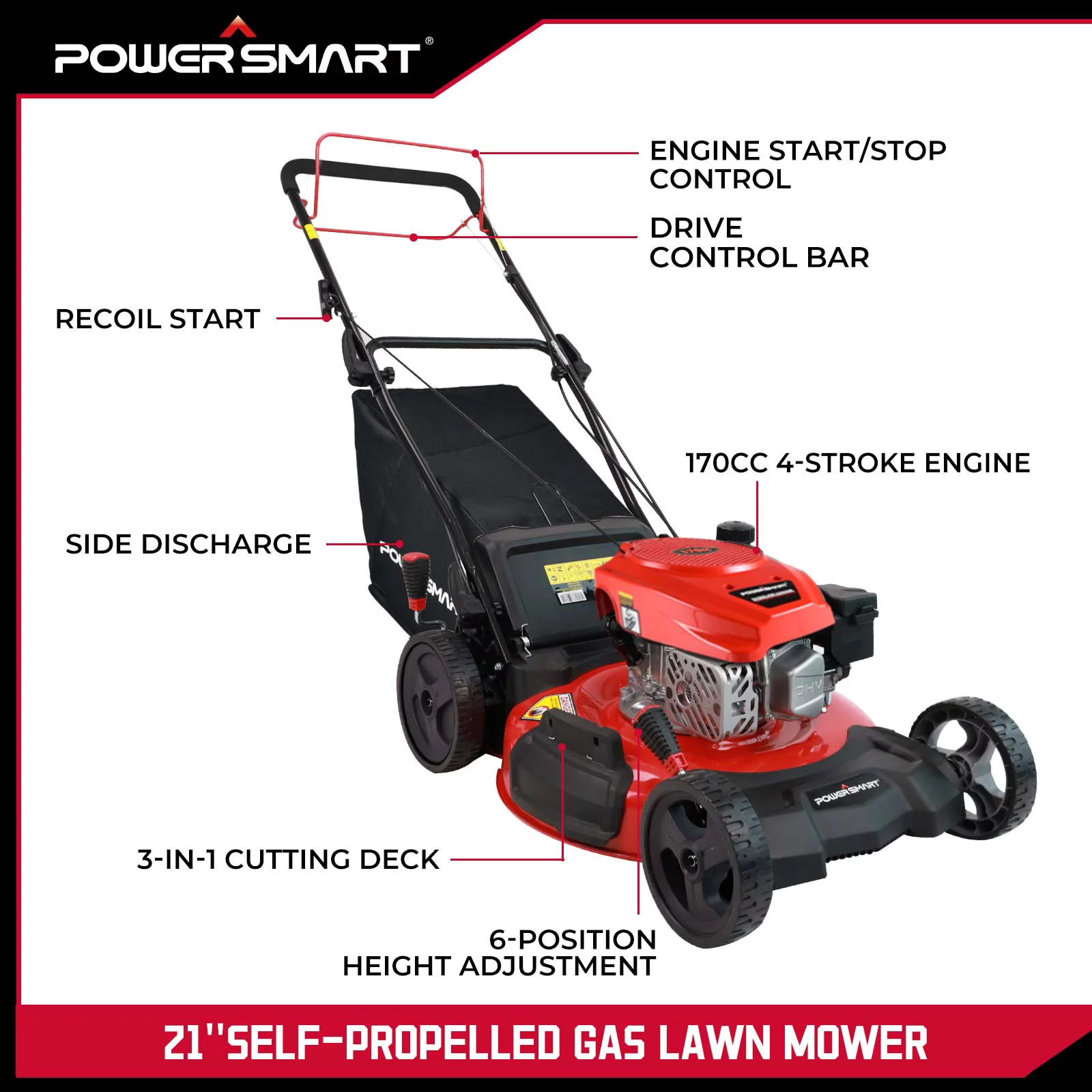 Power Smart 21-inch 3-in-1 Gas Powered Self-Propelled Lawn Mower - Womvr