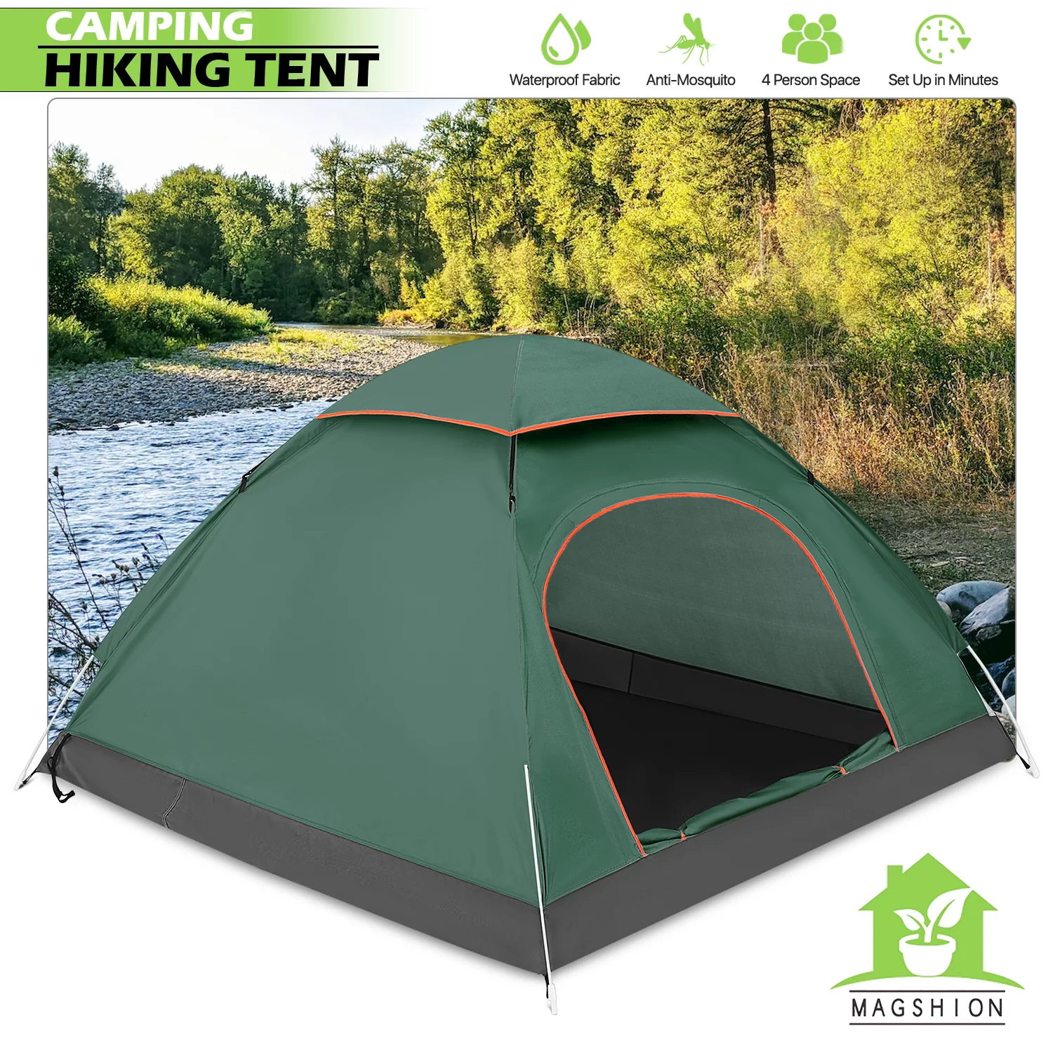 Magshion Instant Automatic Pop Up Camping Tent, Waterproof UV Protection Dome Tent with Rain Fly and Carry Bag for Outdoor Traveling, Green/Orange - Womvr