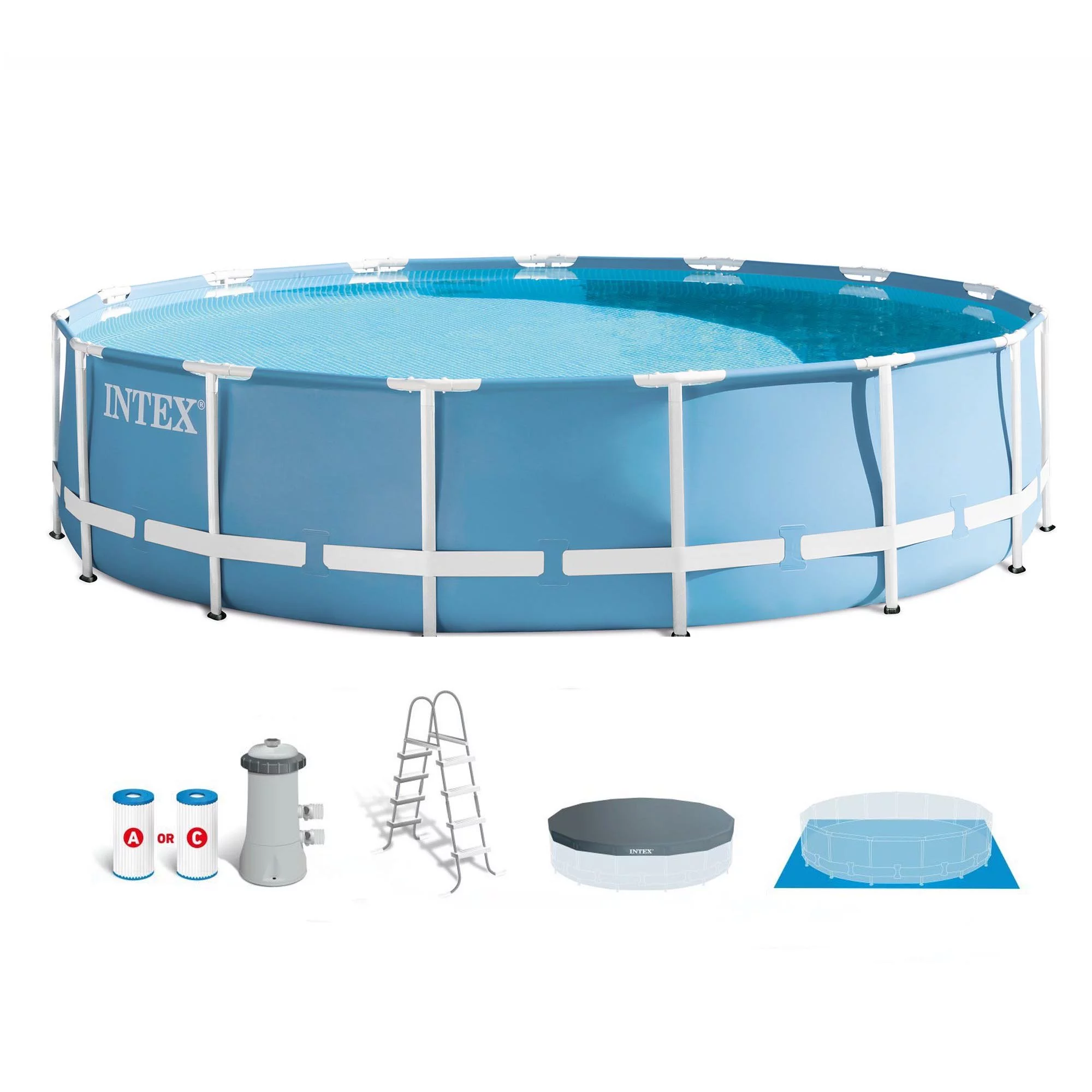 Intex 15 Feet x 48 Inches Prism Frame Swimming Pool Set w/ Ladder, Cover, & Pump - Womvr