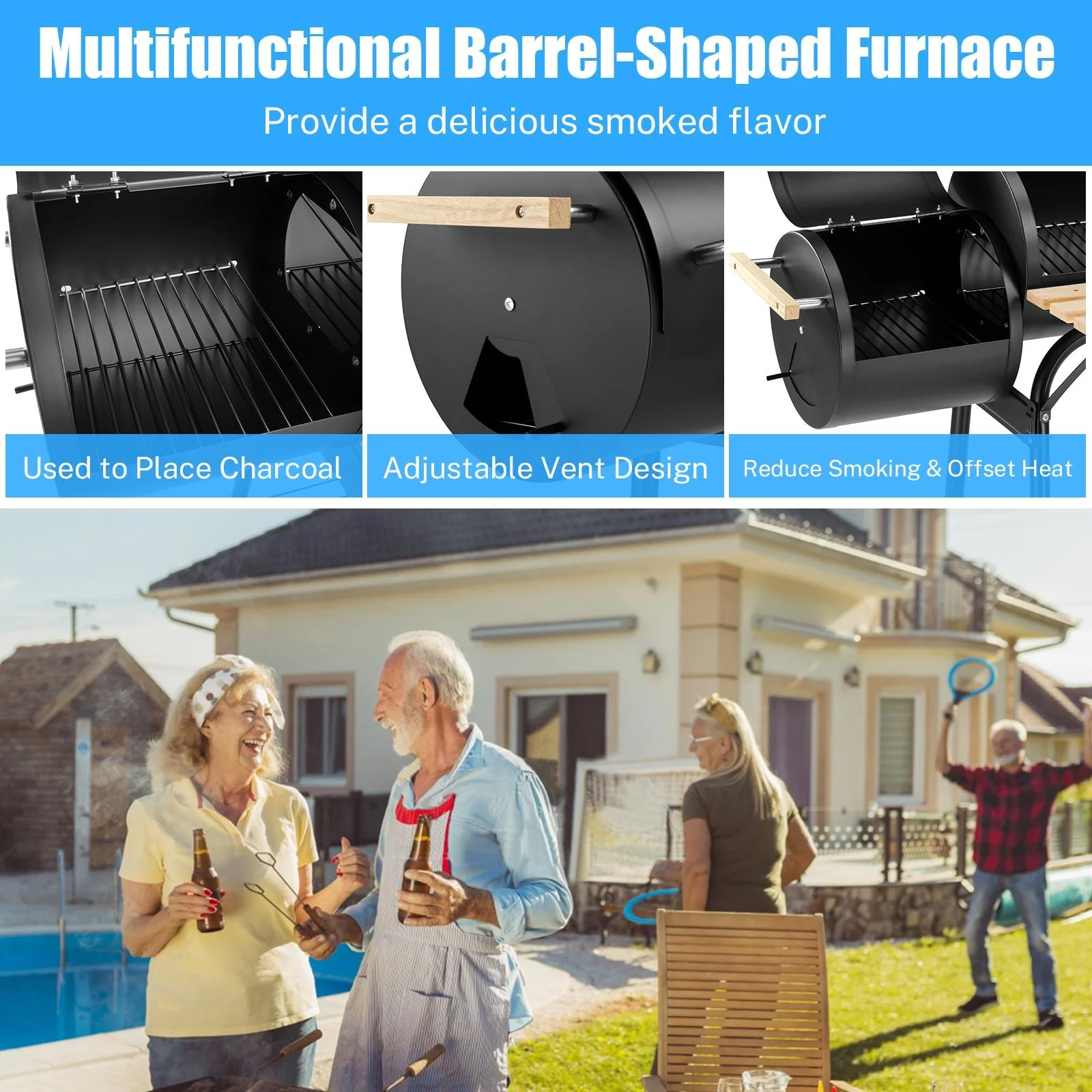 BBQ Charcoal Grill, 45.28-Inch Length Portable Barbecue Grill, Offset Smoker Barbecue Oven with Wheels & Thermometer for Outdoor Picnic Camping Patio Backyard, B026 - Womvr