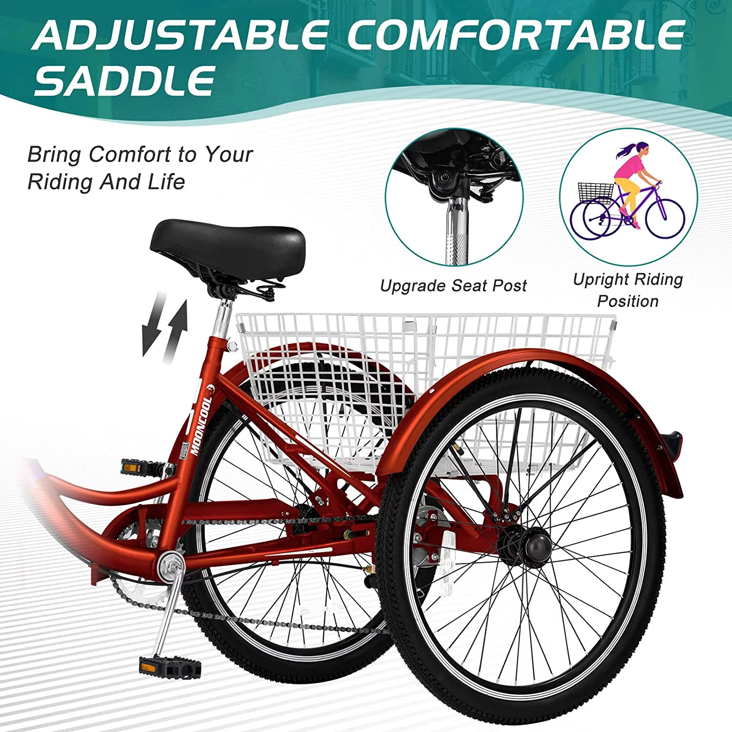 Docred Adult Tricycle 7 Speed 24 Inch Three Wheel Bike Cruiser Trike for Men/Women/Seniors - Womvr