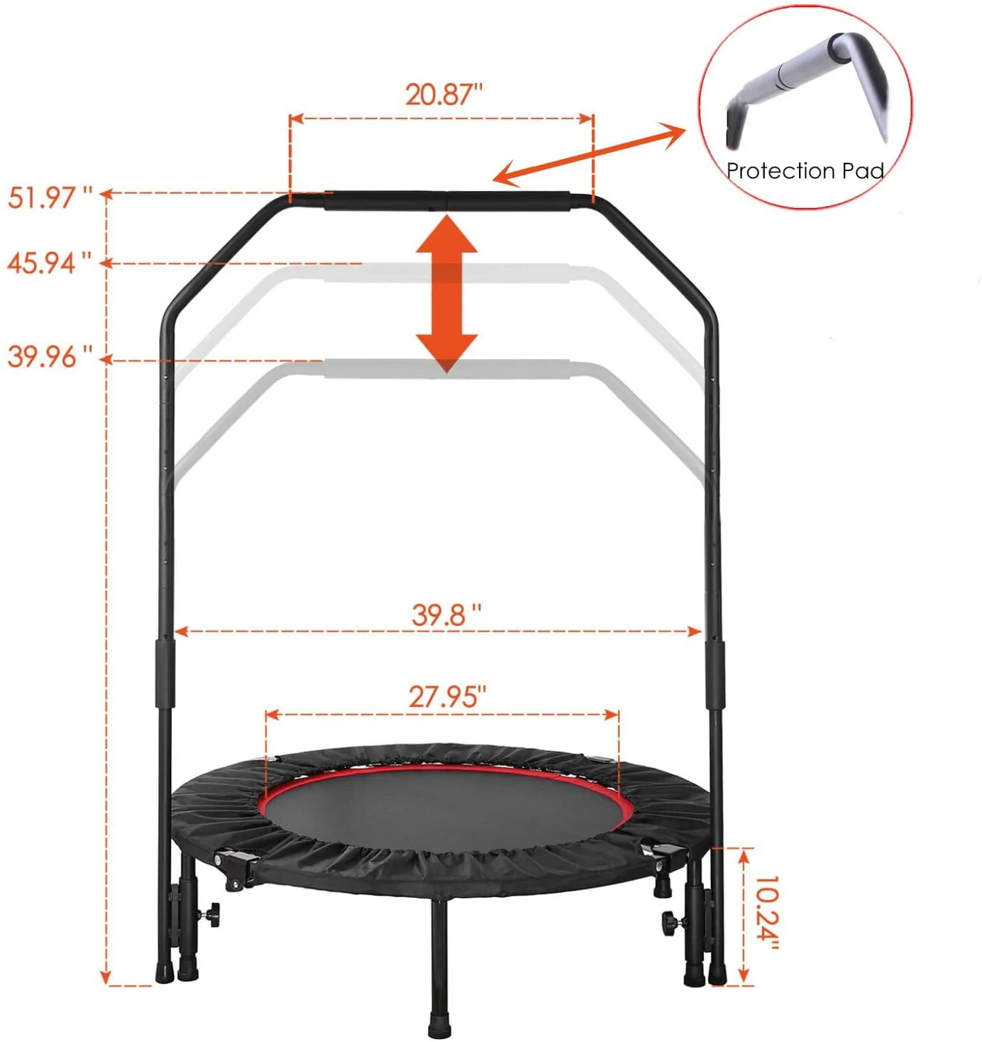 Arlopu 40'' Foldable Mini Trampoline, Fitness Rebounder with Adjustable Foam Handle, Exercise Trampoline for Adults Home Gym Workout, Max Load 330lbs - Womvr
