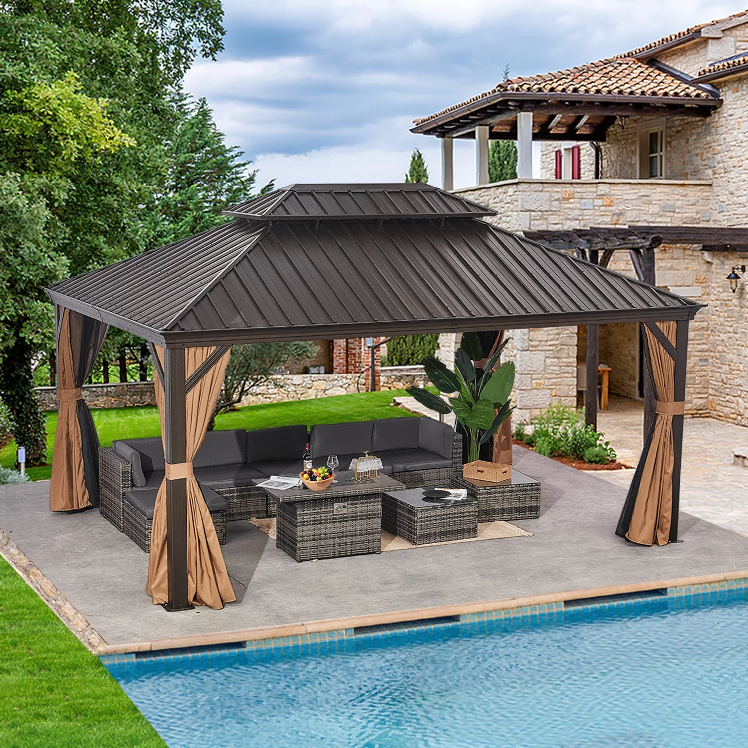 Aoxun 10'x12' Hardtop Gazebo, Outdoor Steel Double Roof Canopy, Aluminum Frame Permanent Pavilion with Curtains and Netting, Sunshade for Garden, Patio, Lawns, Black - Womvr