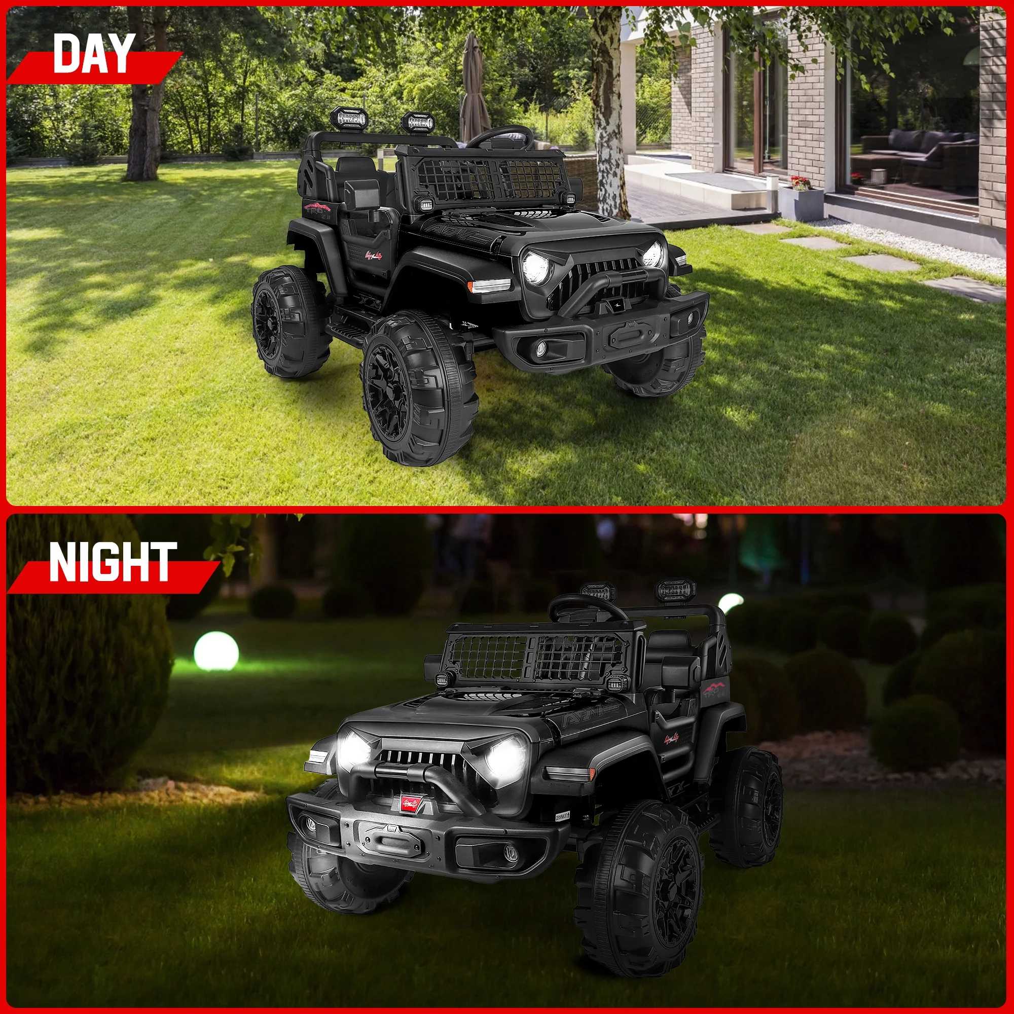 Wisairt 24V Kids Ride on Truck, 2 Seater Powered Ride on Car w/ Remote Control and Storage Space, 3 Speeds, Bluetooth, LED Lights (Black) - Womvr