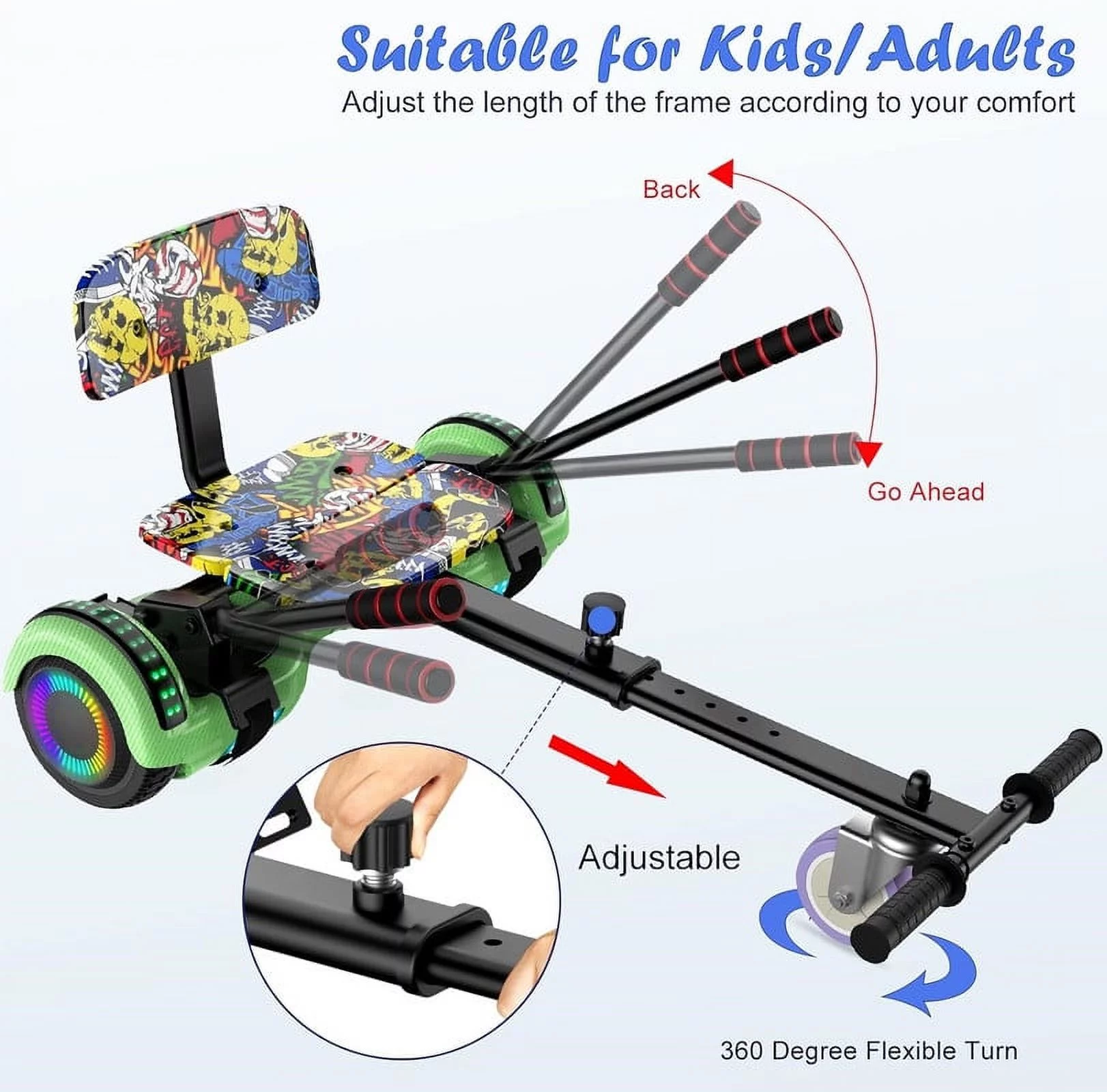 SISIGAD Hoverboard with Seat, 6.5 inch Hoverboard Go Kart Combo with Bluetooth Speaker & LED Lights for Kids Adults - Womvr