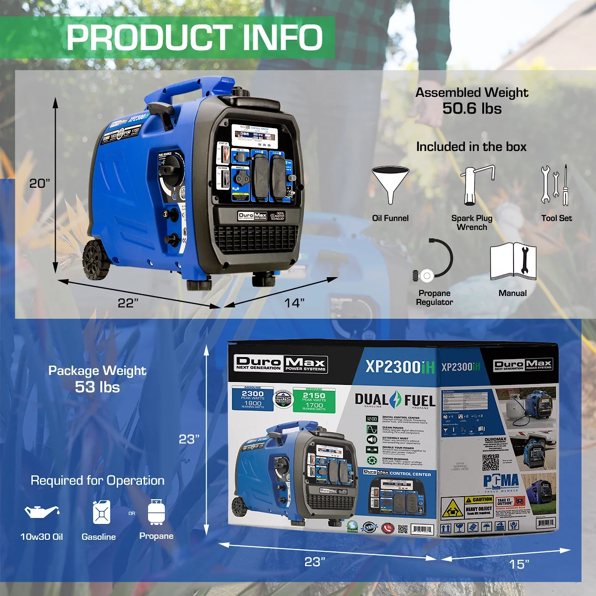 DuroMax XP2300iH 2,300 Watt Portable Dual Fuel Inverter Generator with CO Alert - Womvr