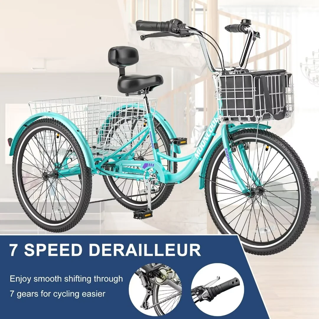 Docred Adult Tricycle 7 Speed 24 Inch Three Wheel Bike Cruiser Trike for Men/Women/Seniors - Womvr